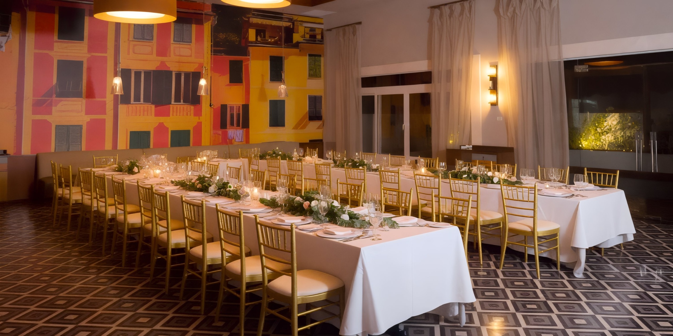 The elegant dining room at Dreams Dominicus, perfect for a destination wedding, features long tables adorned with white linens and floral accents.