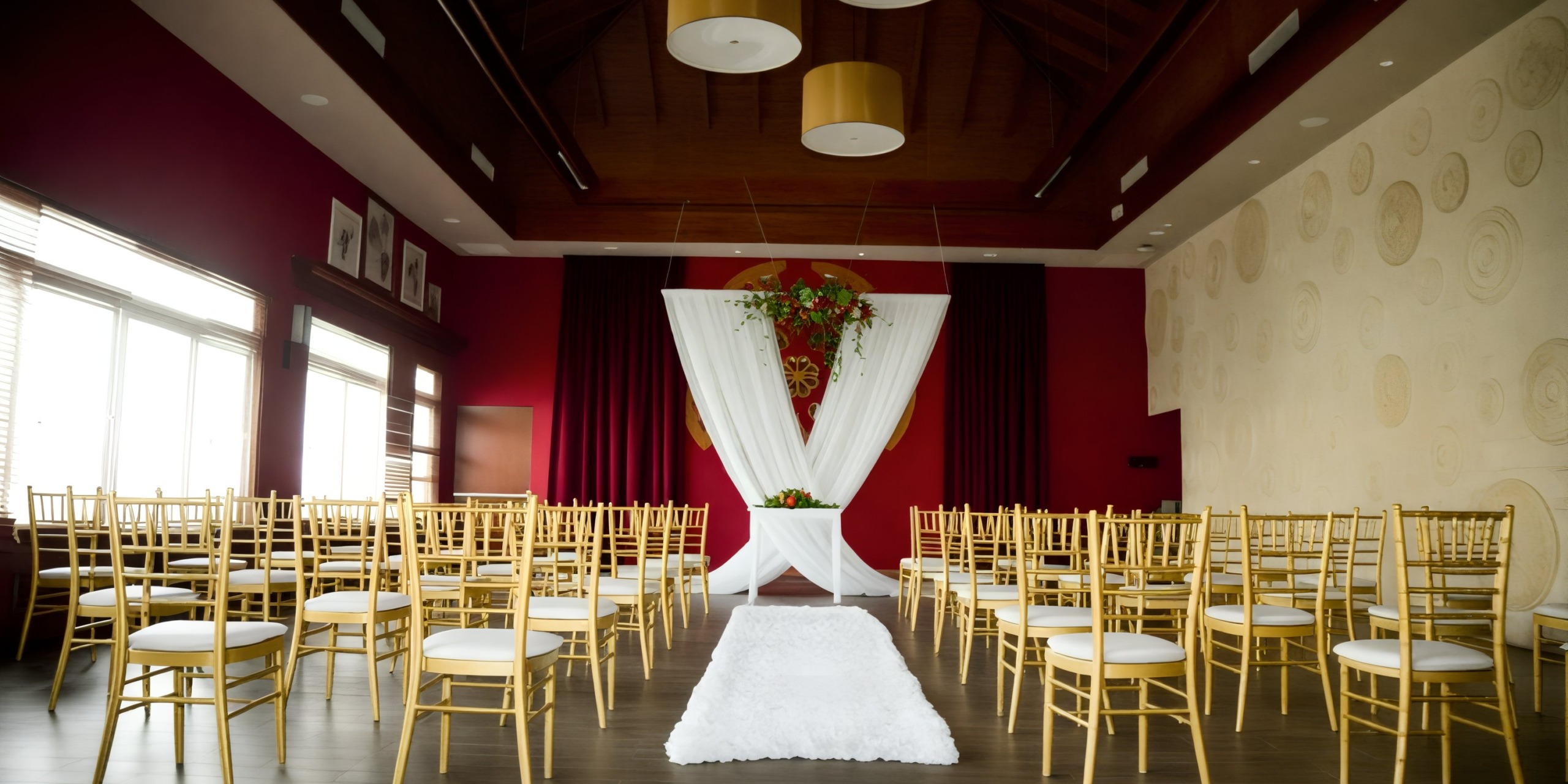 Dreams Dominicus is beautifully arranged for a destination wedding, featuring rows of gold chairs elegantly aligned to face an altar adorned with flowing white drapes and beautiful flowers.