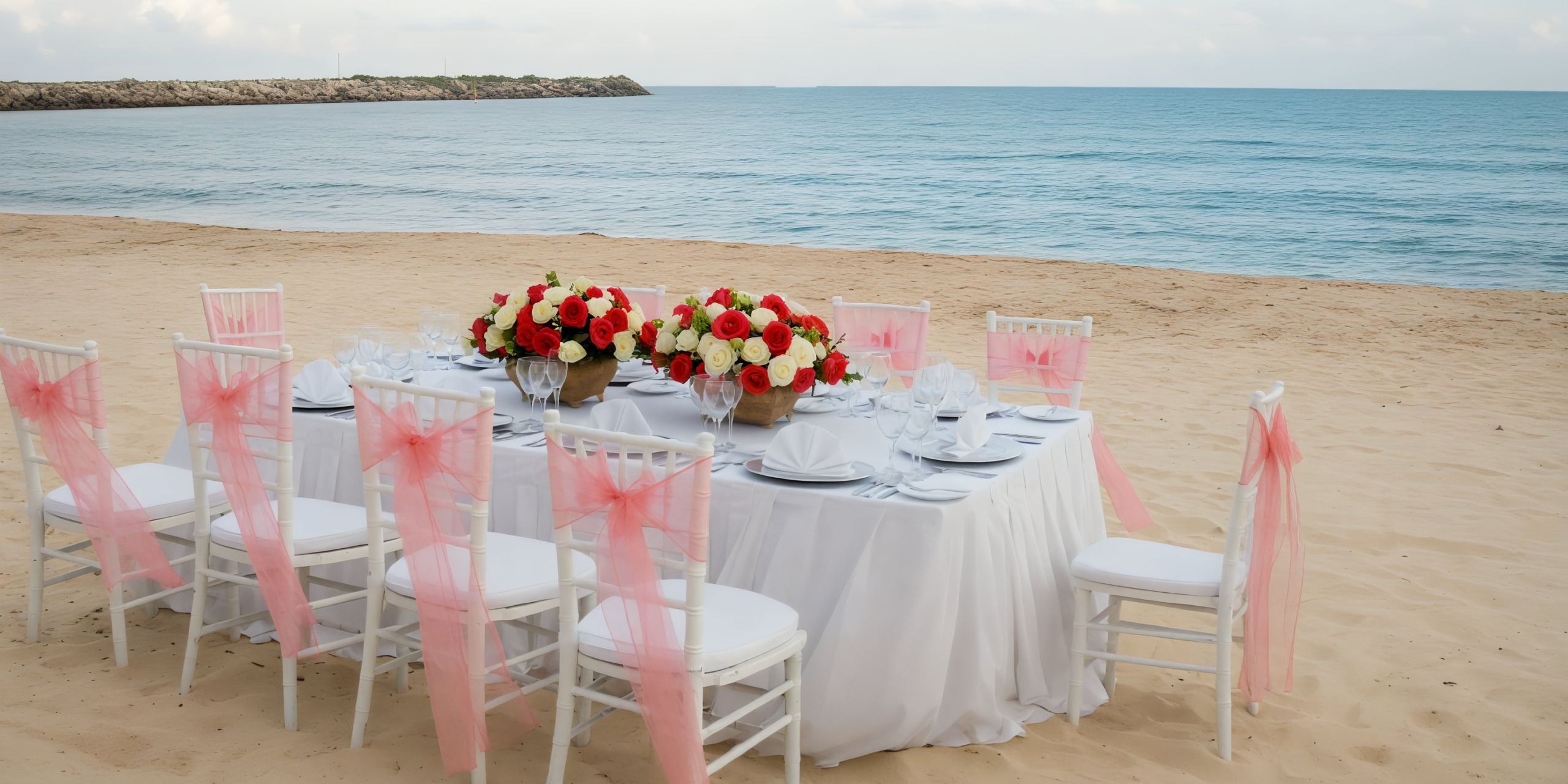 The Dreams Jade Riviera Cancun offers a stunning beachside setup perfect for a destination wedding, featuring elegant white cloth, pink bows, and beautiful floral décor.