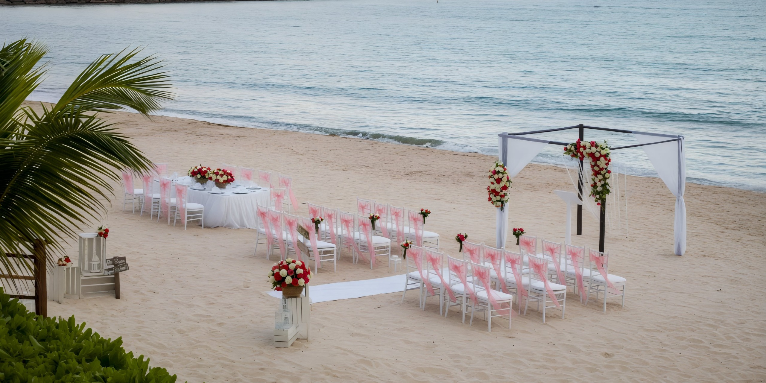 Destination wedding at Dreams Jade Riviera Cancun: picturesque ceremony featuring chairs, flowers, and an altar by the ocean.