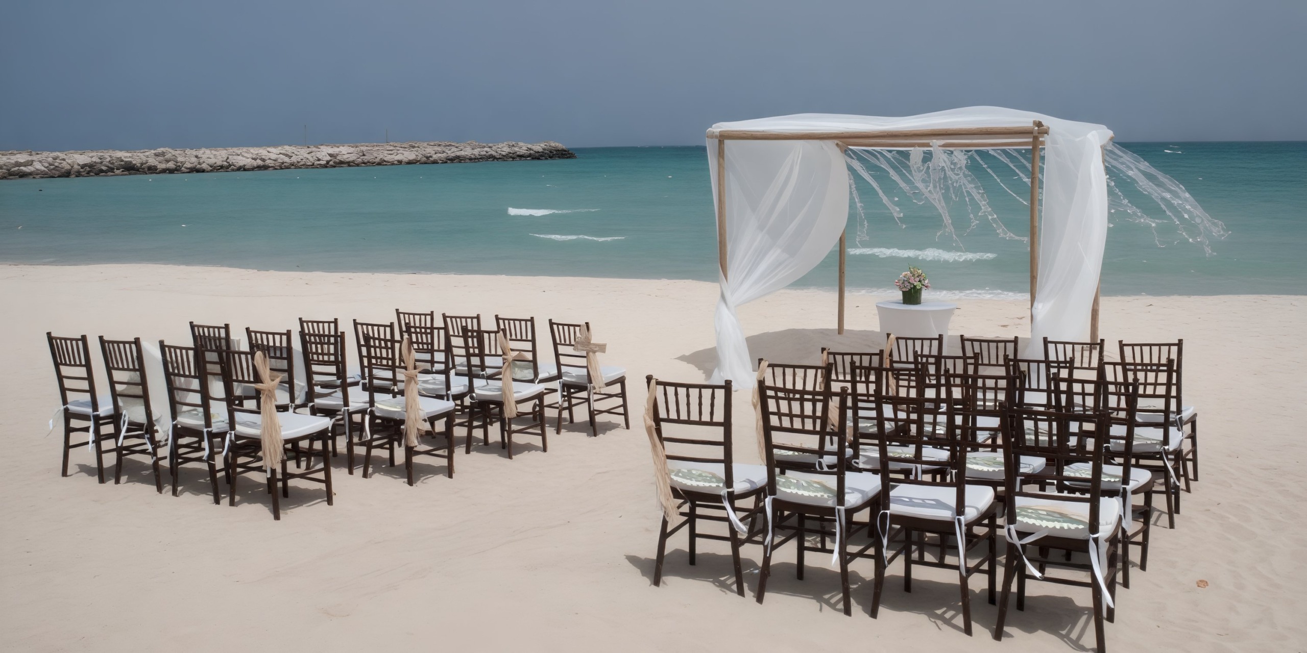 At Dreams Jade Riviera Cancun, the destination wedding setup features chairs and an altar beautifully arranged to face the sea.