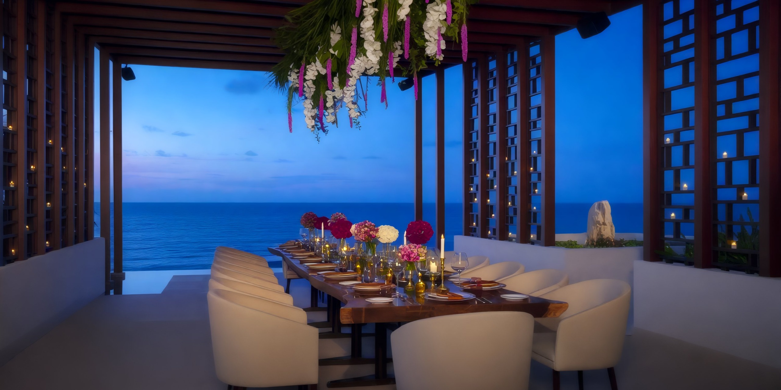 Wedding dining set at the Dreams Jade Riviera Cancun terrace, offering a stunning view of the ocean at dusk—a perfect setting for a destination wedding.