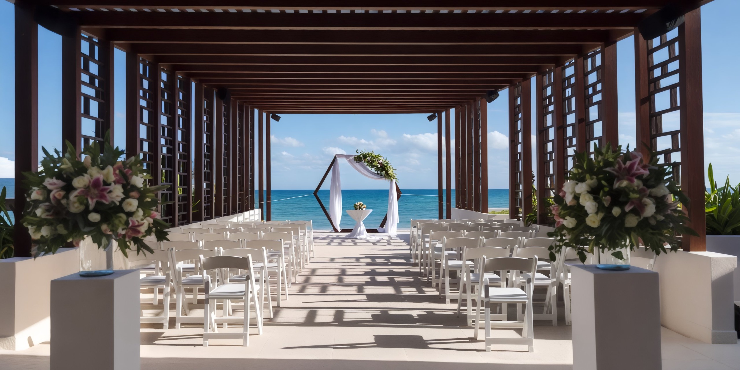 Dreams Jade destination wedding featuring a beautifully arranged wooden pergola, elegant chairs, and stunning floral arrangements.
