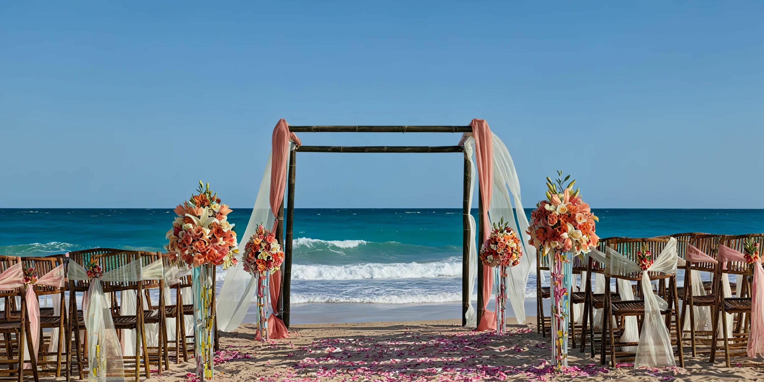A beach wedding setup at Dreams Jade Riviera Cancun features wooden chairs arranged in rows, a wooden arch draped with pink and white fabric, and beautiful floral decorations, all facing the ocean under a clear blue sky.