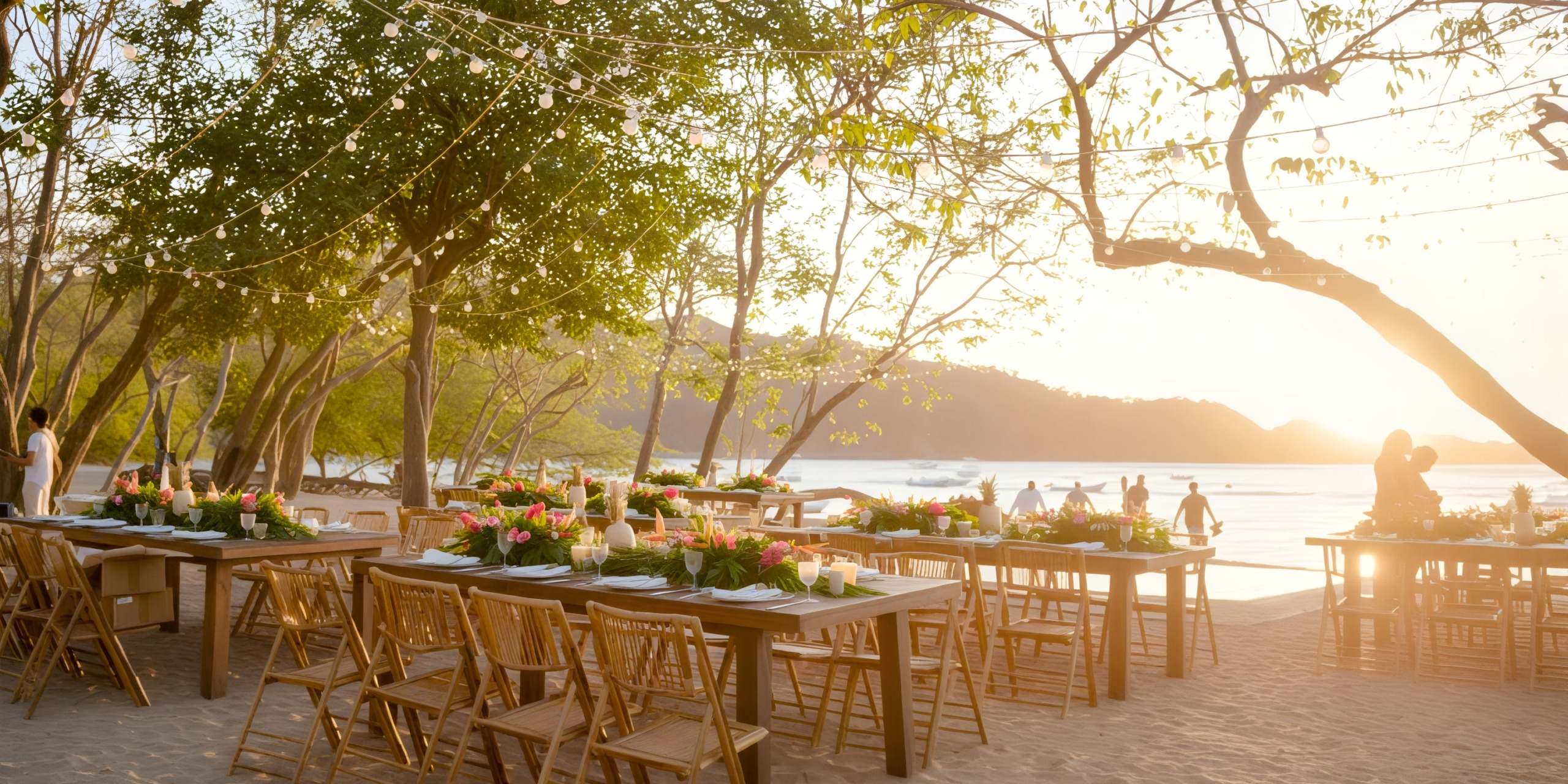 Celebrate your dream destination wedding at Dreams Las Mareas, featuring a stunning beach ceremony with wooden tables, elegant chairs, and twinkling string lights illuminating the sunset.