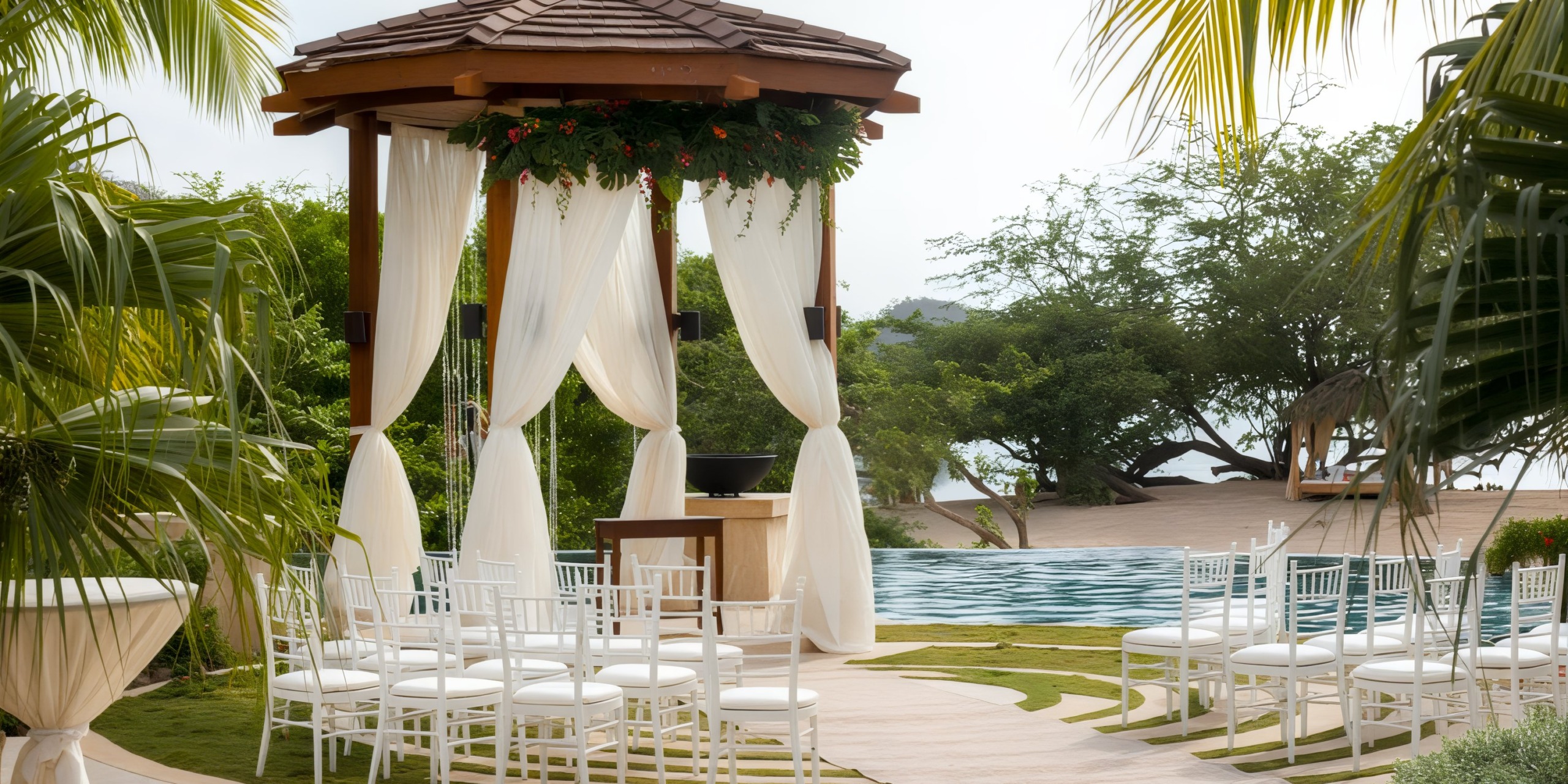 Dreams Las Mareas offers a stunning destination wedding setup, featuring white chairs and a beautifully draped gazebo by the pool.