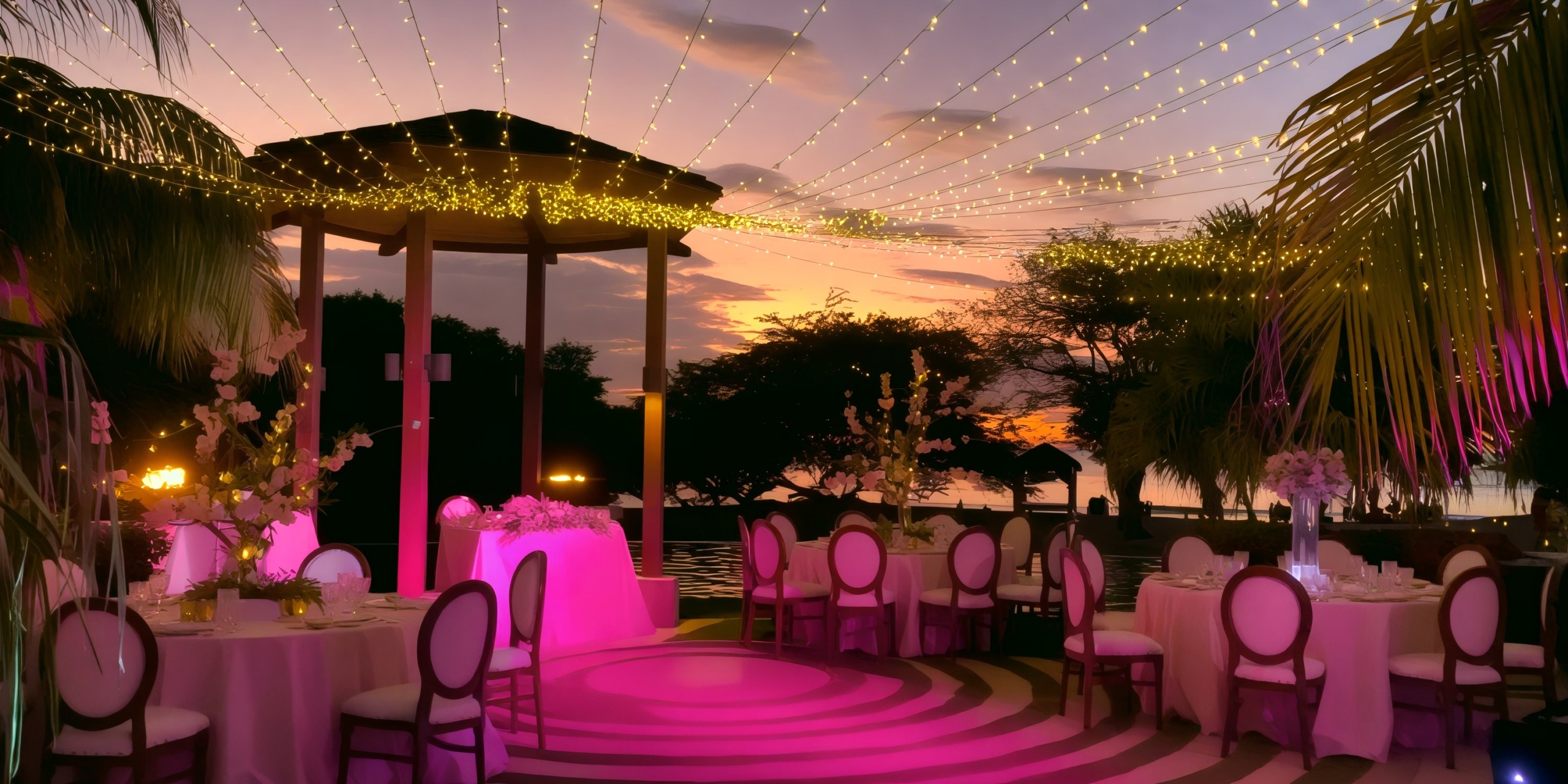 Sunset outdoor destination wedding reception at Dreams Las Mareas, featuring elegantly arranged tables and chairs illuminated by enchanting string lights.
