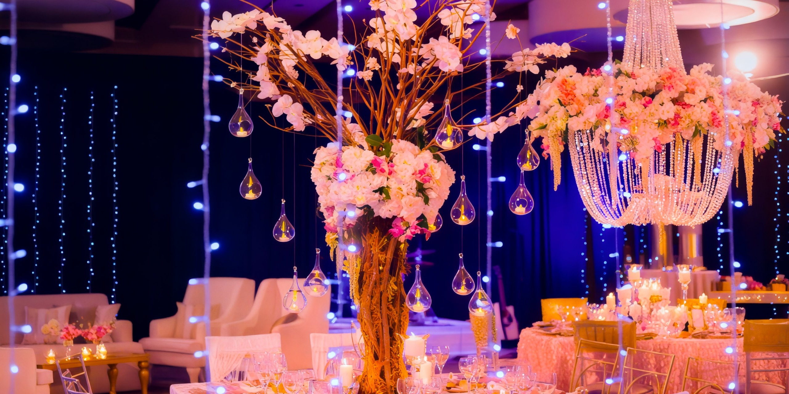 Dreams Las Mareas features elegant decor perfect for a destination wedding, complete with floral centerpieces, chandeliers, and blue lights.