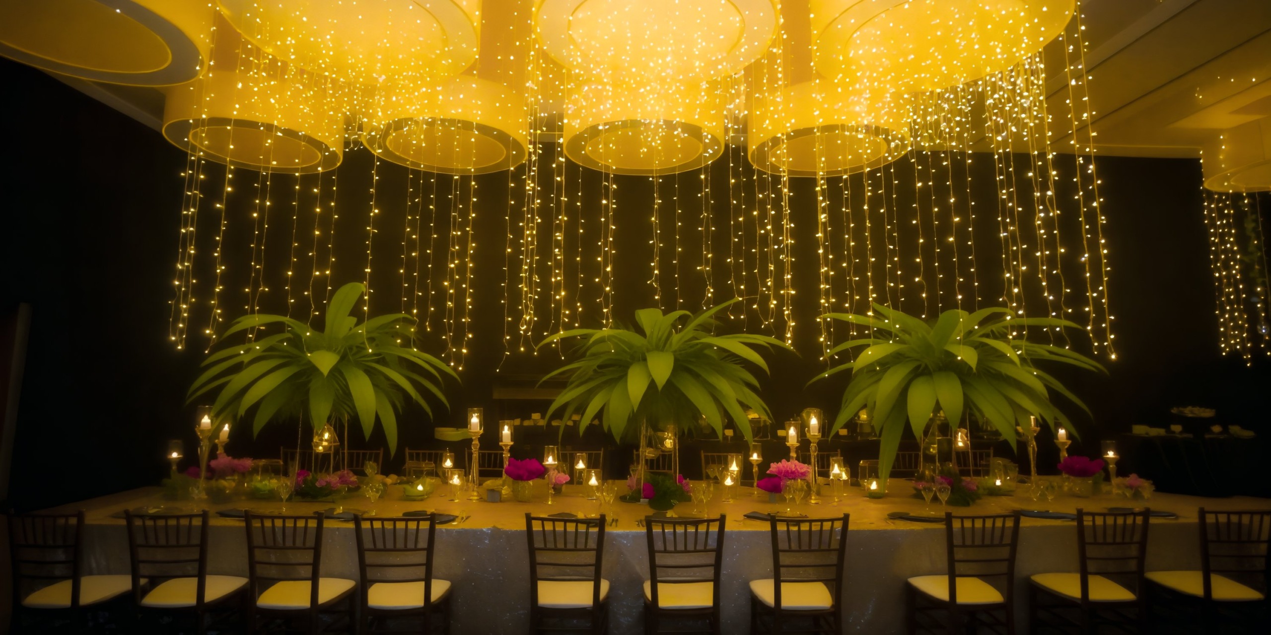 The Dreams Las Mareas dining table, elegantly set for a destination wedding, features beautiful plants and romantic candles, with exquisite golden lights hanging above.