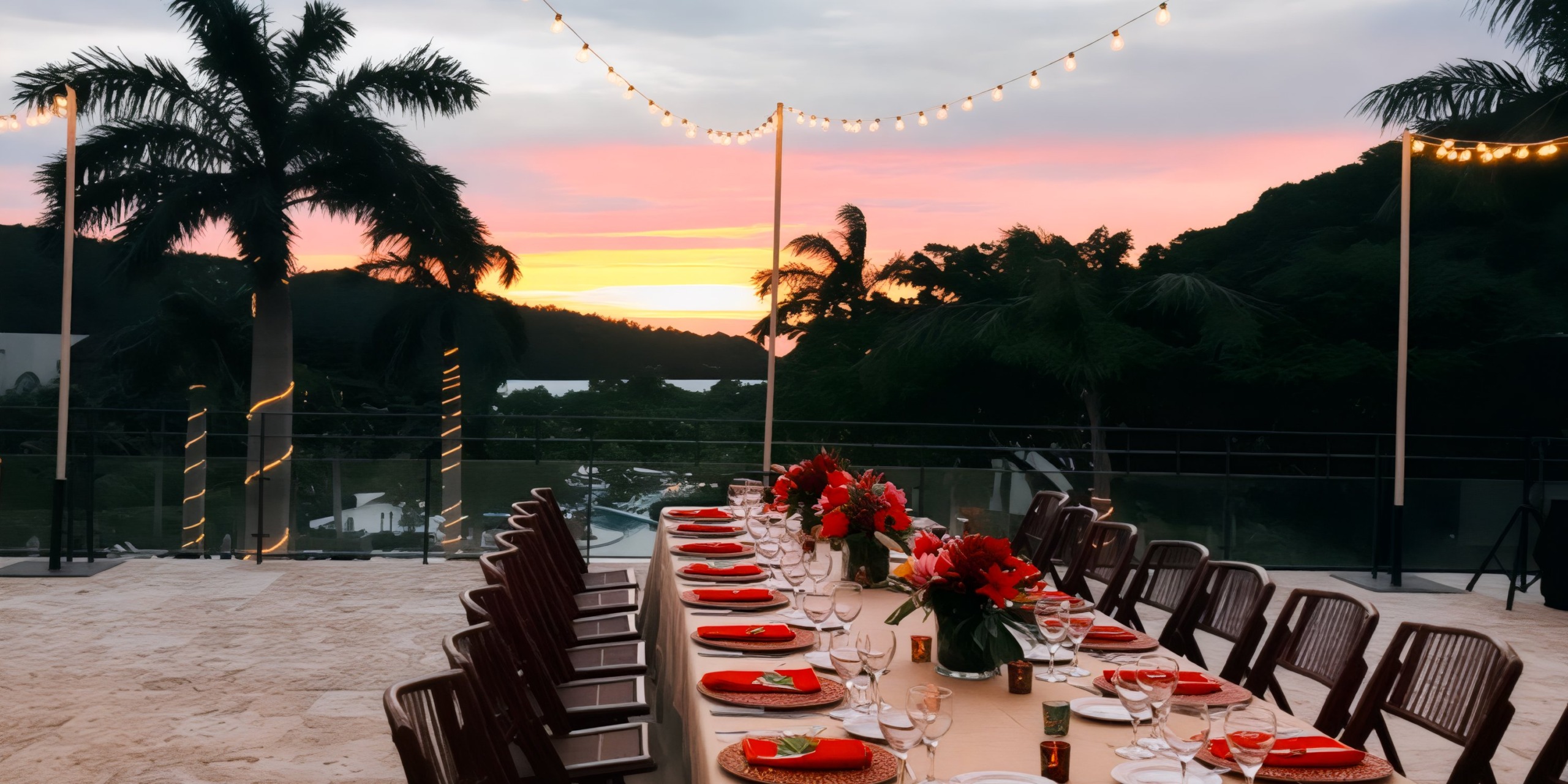 Dreams Las Mareas, featuring vibrant red accents, offers a stunning sunset backdrop complemented by swaying palm trees, making it an ideal setting for a destination wedding.