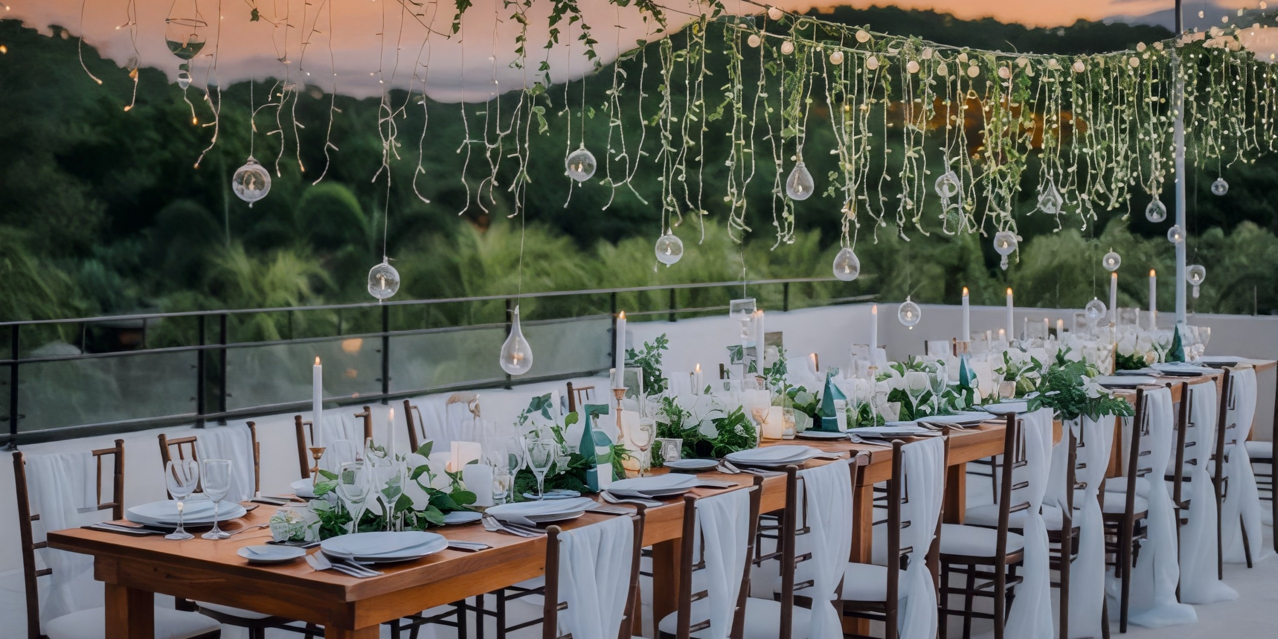 Dreams Las Mareas: A beautifully arranged outdoor wedding table adorned with lush greenery, romantic candles, and twinkling lights at sunset, perfect for a destination wedding.