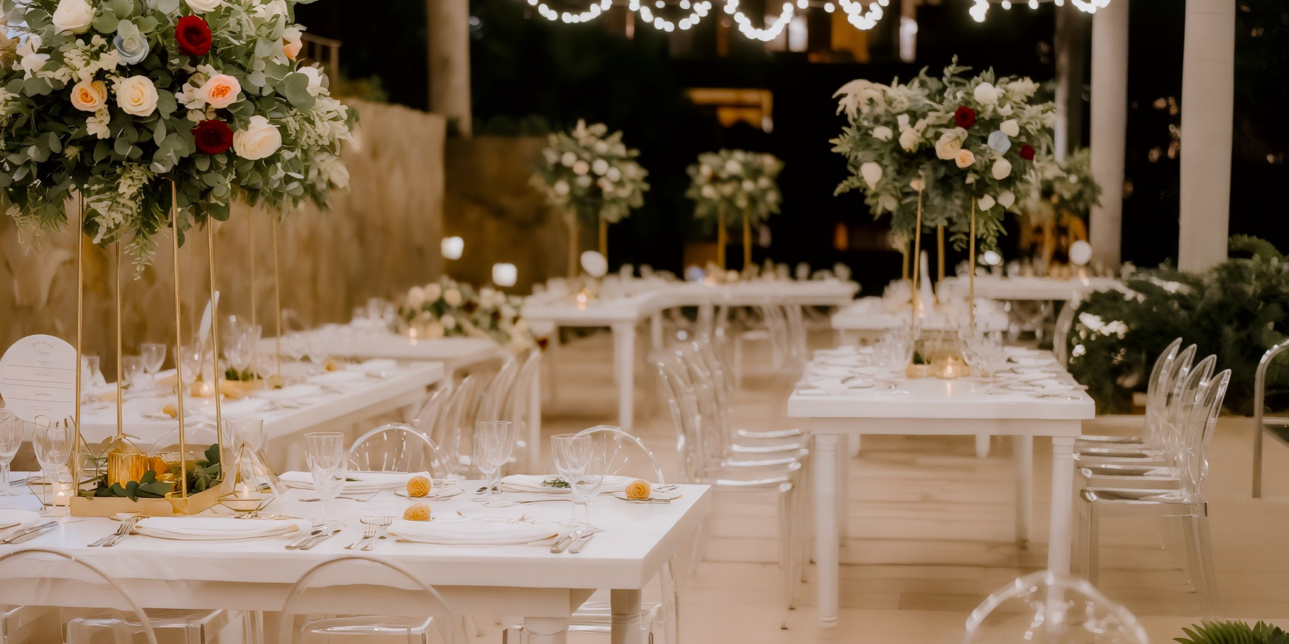 Dreams Las Mareas offers a stunning setting for your destination wedding, featuring outdoor dining adorned with floral centerpieces, elegant white tables, and enchanting string lights.