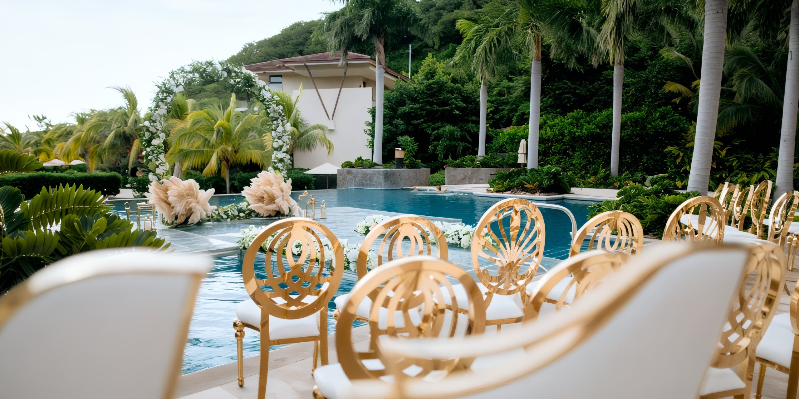 Dreams Las Mareas offers an enchanting outdoor destination wedding by the pool, featuring elegant gold chairs, lush tropical plants, and a beautifully crafted floral arch.