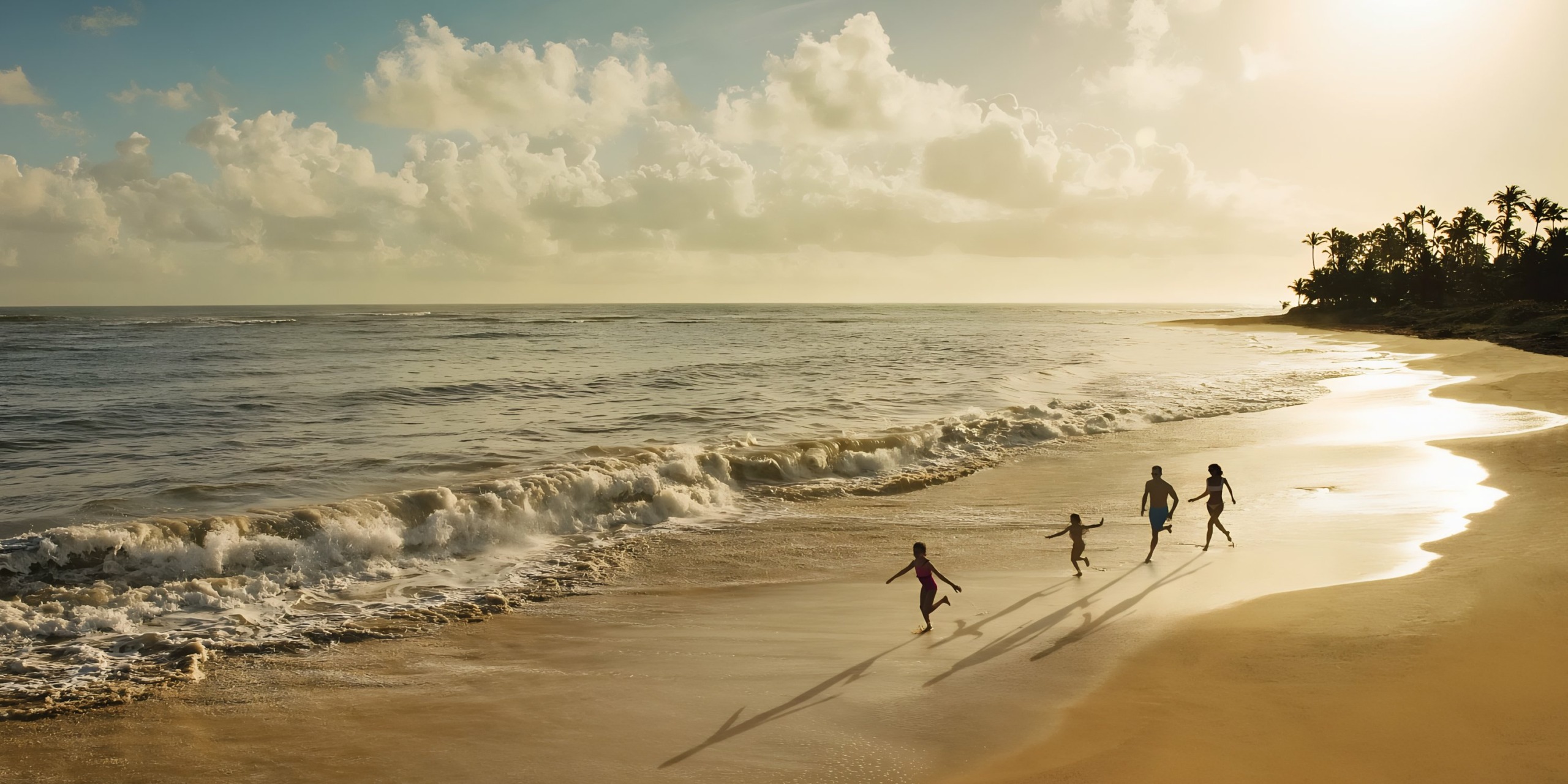 A family runs playfully along a sandy beach at sunset, casting long shadows on the shore, with waves gently breaking in the background under a cloudy sky.