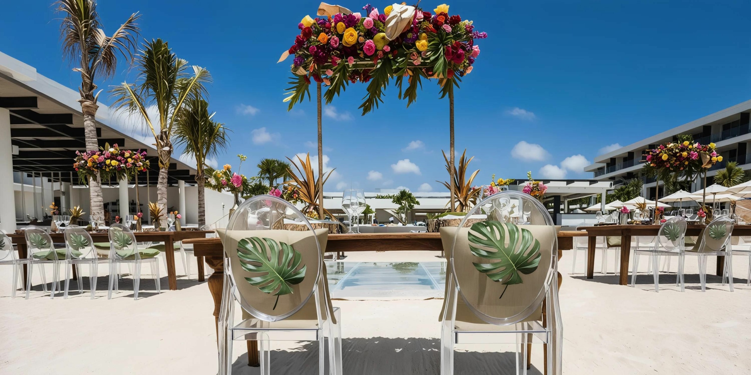 Elegant outdoor wedding setup with a wooden table and transparent chairs decorated with greenery and vibrant floral arrangements overhead, set against the stunning backdrop of Breathless Riviera Cancún Resort and Spa under a clear blue sky.