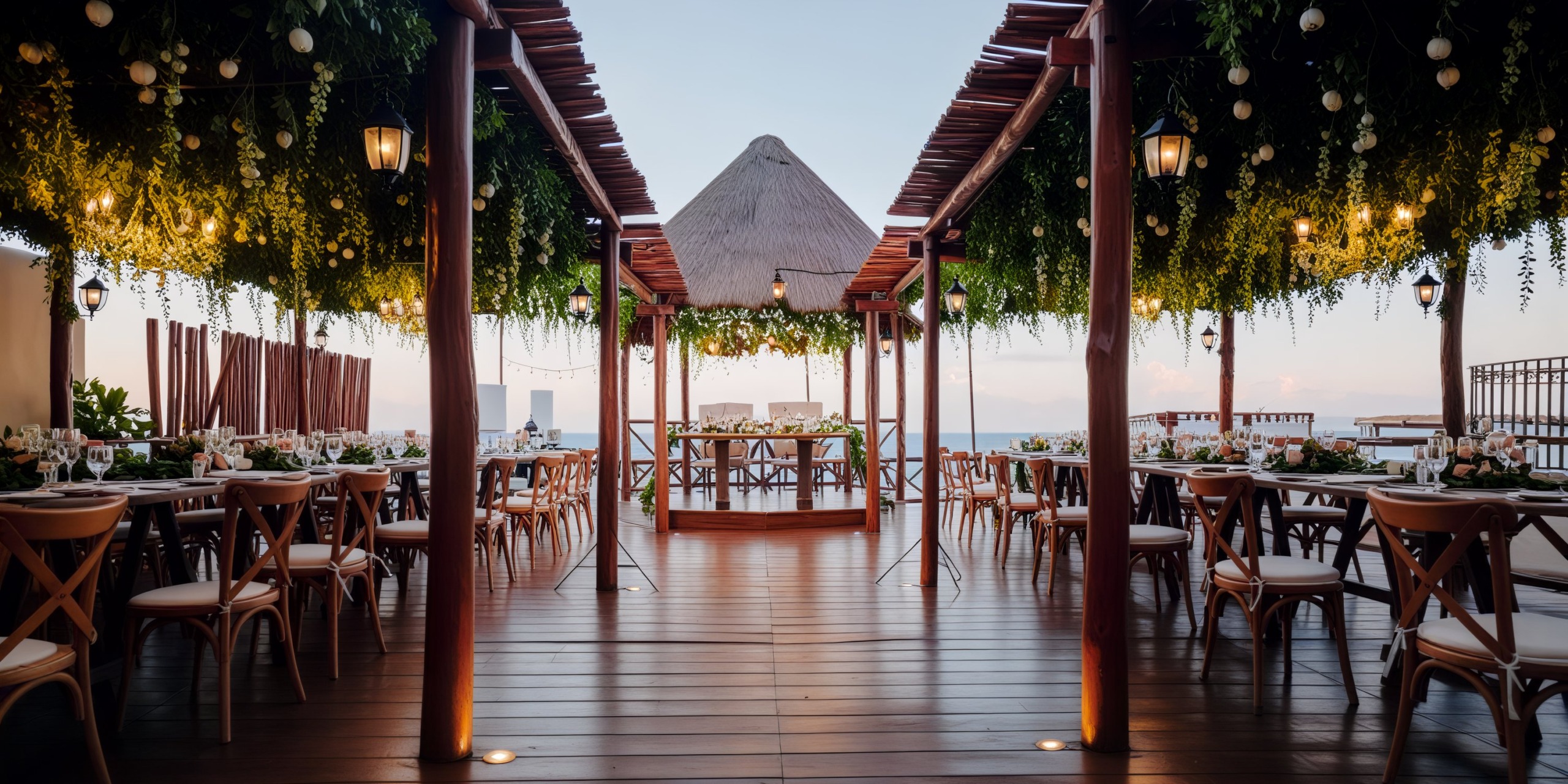 The outdoor area at Fiesta Americana Condesa Cancun, adorned with wooden pergolas and lush hanging greenery, creates a beautiful setting perfect for a destination wedding.