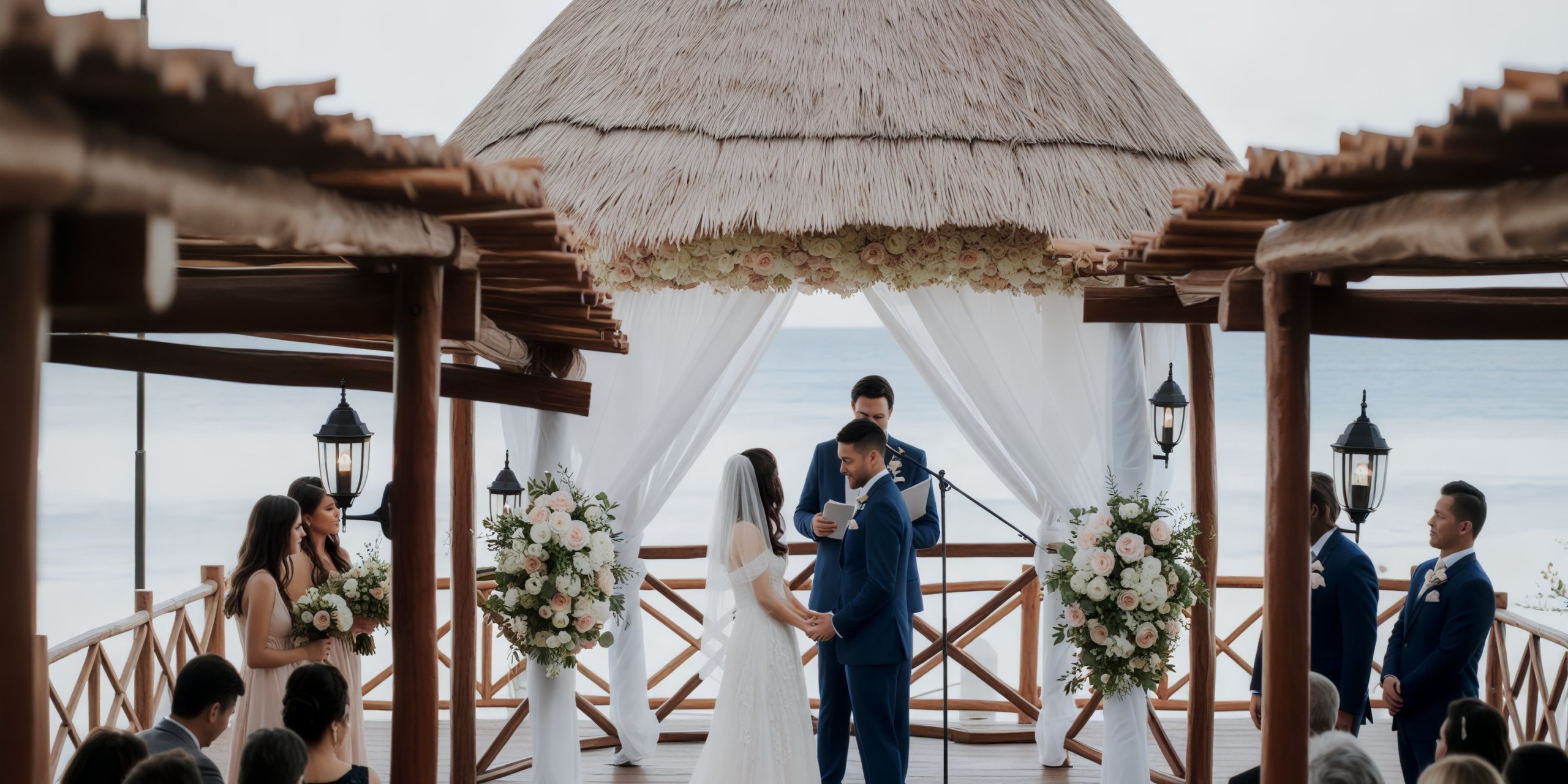 Bride and groom at the outdoor wedding altar with guests seated around - Fiesta Americana Condesa Cancun.