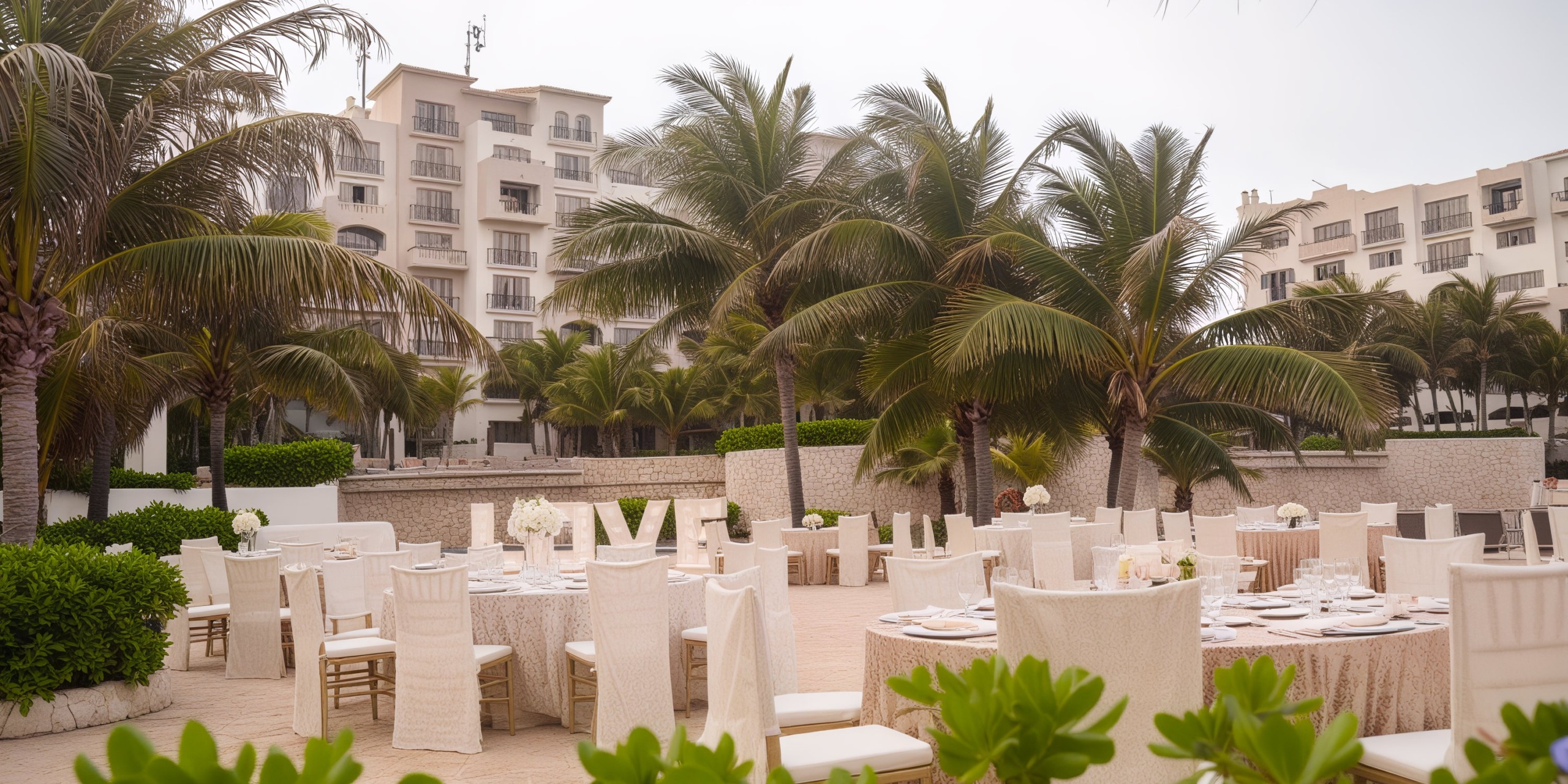 The destination wedding setup at Fiesta Americana Condesa Cancun featured elegant white tablecloths and chairs beautifully arranged under the shade of palm trees.