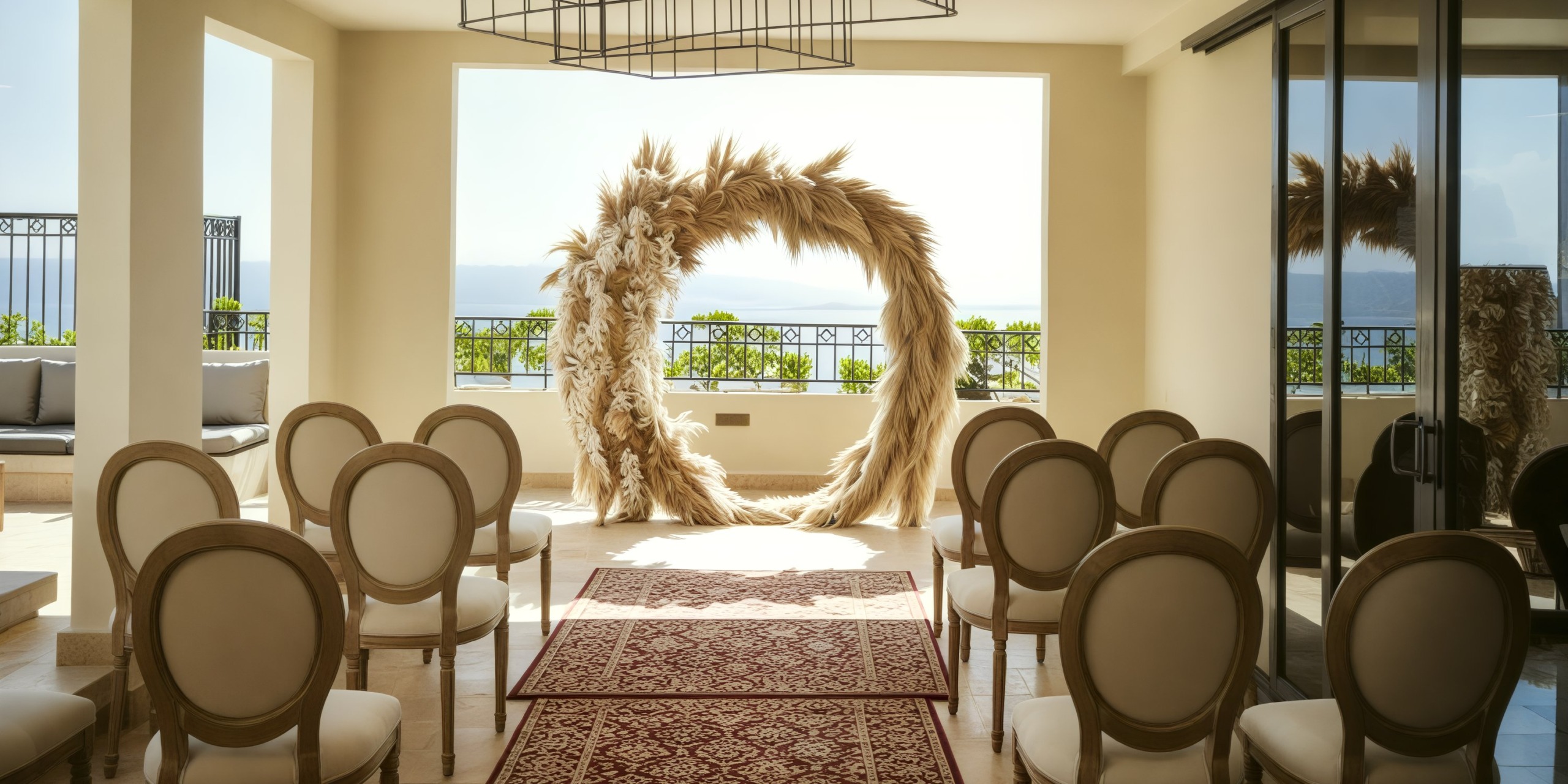 Fiesta Americana Condesa Cancun provides an enchanting setup for destination weddings, featuring a circular arch crafted from pampas grass and perfectly aligned chairs.