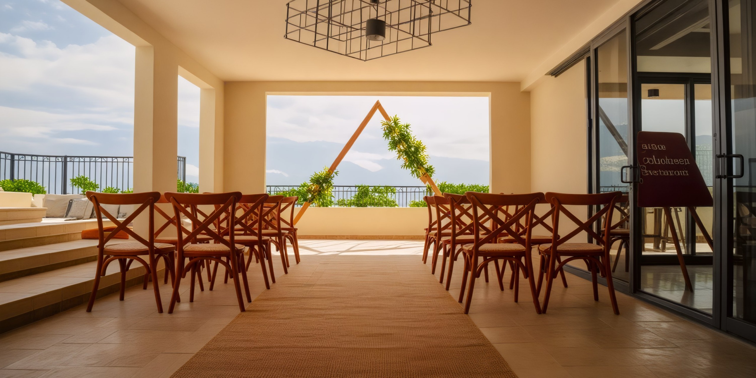 A beautiful wedding venue at Fiesta Americana Condesa Cancun features chairs elegantly arranged to face a stunning triangular arch on the terrace, perfect for a destination wedding.