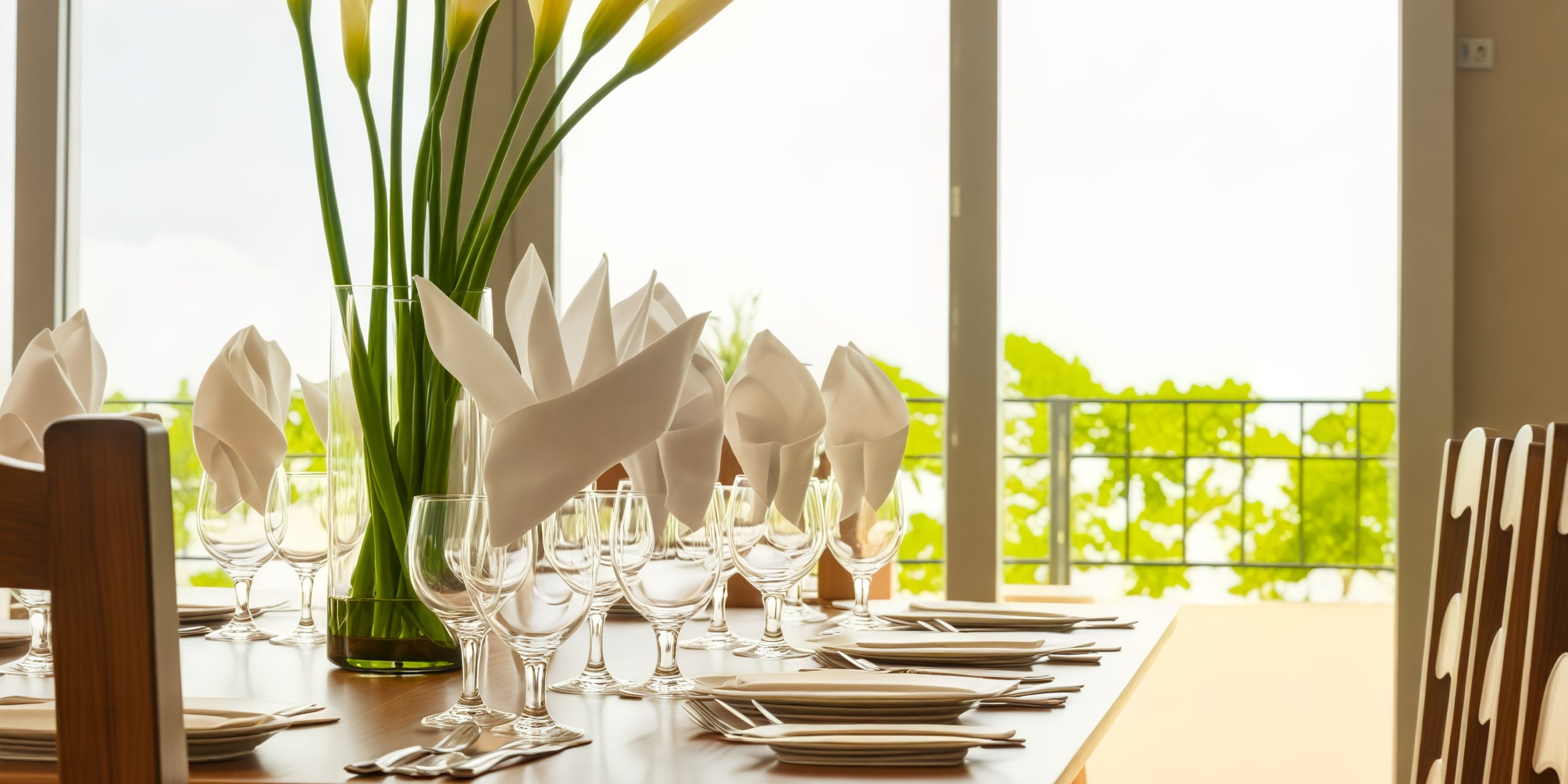 At Fiesta Americana Condesa Cancun, the table is elegantly set by the window with napkins, glasses, and a flower vase, creating the perfect ambiance for a destination wedding.