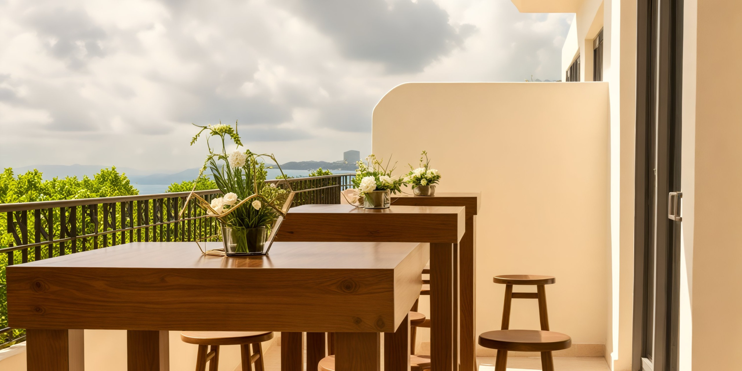 The outdoor area at Fiesta Americana Condesa Cancun, ideal for destination weddings, features charming wooden tables, stools, and lush plants.