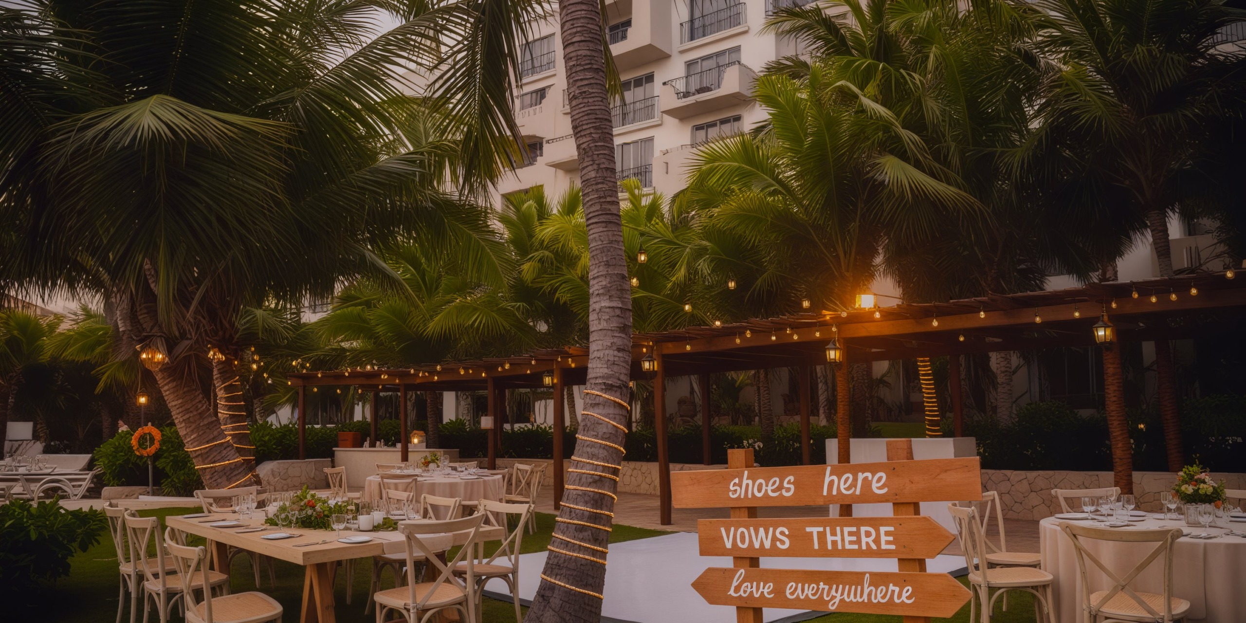 Fiesta Americana's destination wedding setup features beautifully decorated tables amidst swaying palm trees, accented by charming wooden signs.