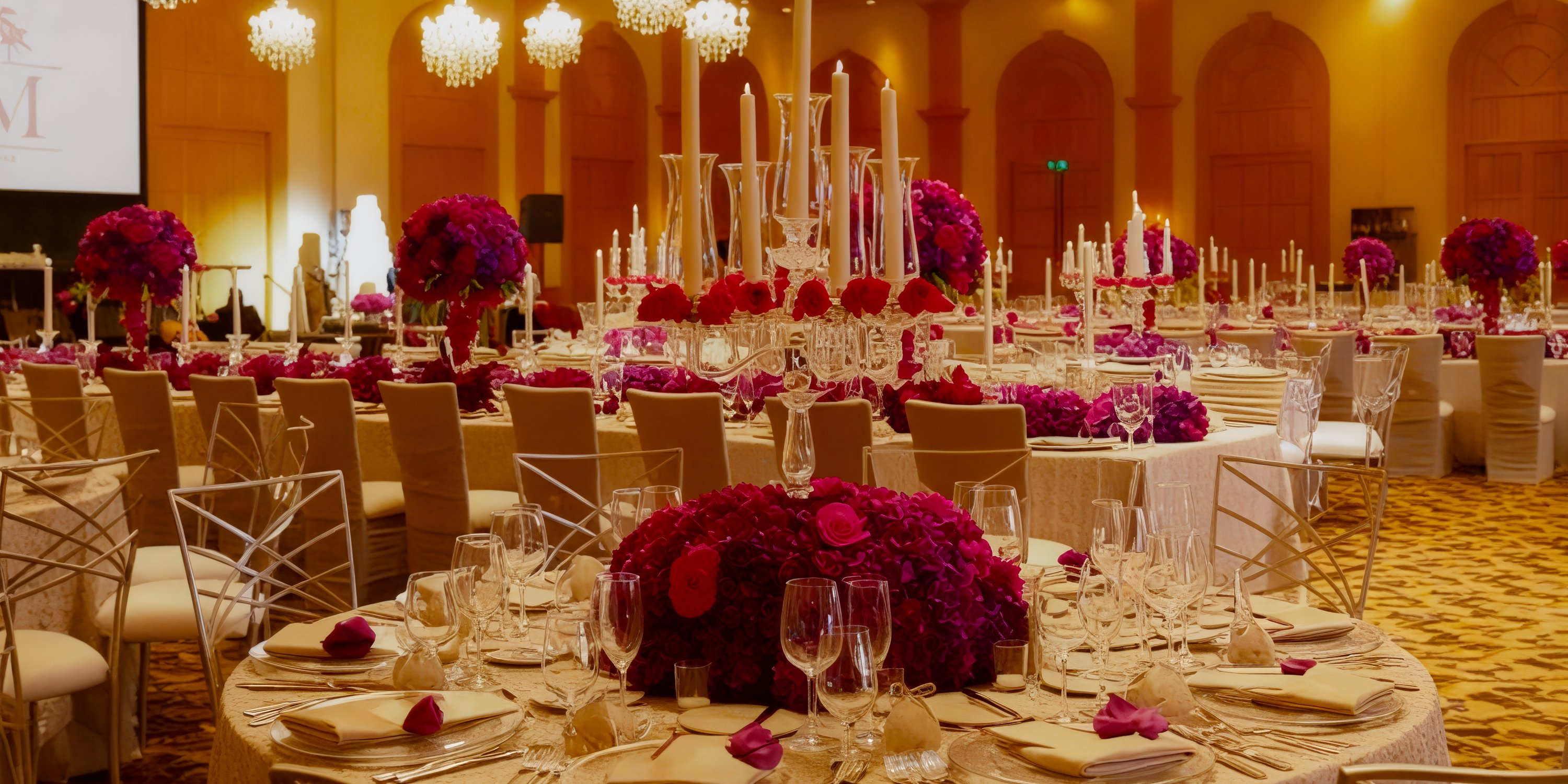 The sophisticated Grand Fiesta Americana, adorned with elegantly decorated tables and stunning floral centerpieces, is the perfect venue for a destination wedding.