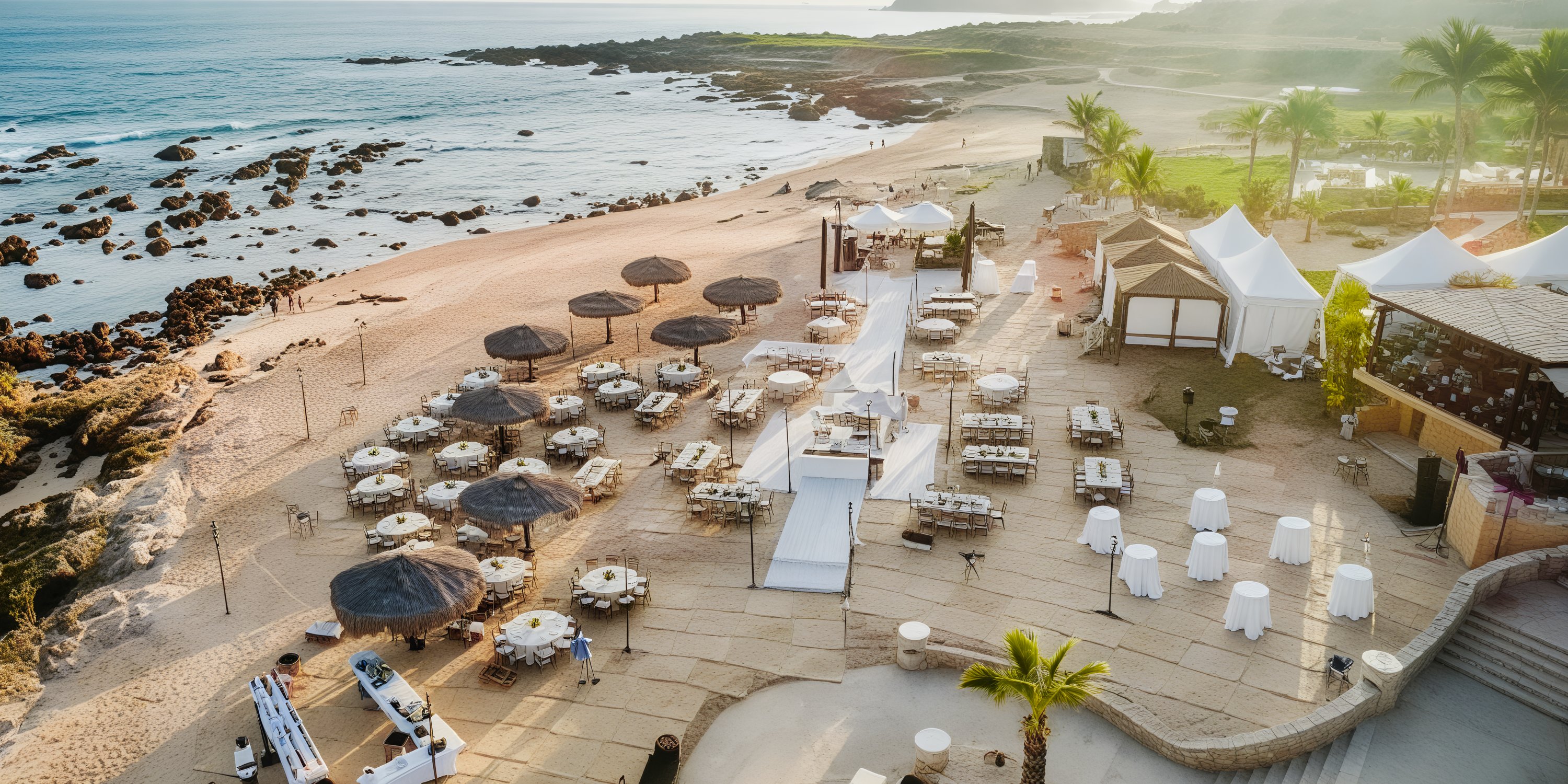 An aerial view of the Grand Fiesta Americana Los Cabos reveals a stunning setting for a destination wedding, complete with elegantly arranged tables, umbrellas, and pristine white tents on the beach.