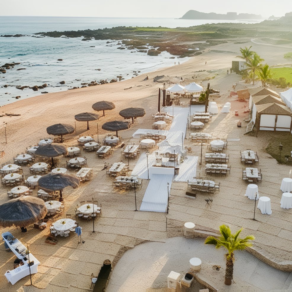 Destination wedding setup on the beachfront featuring tables and chairs arranged along a central aisle, all beautifully shaded by straw umbrellas.