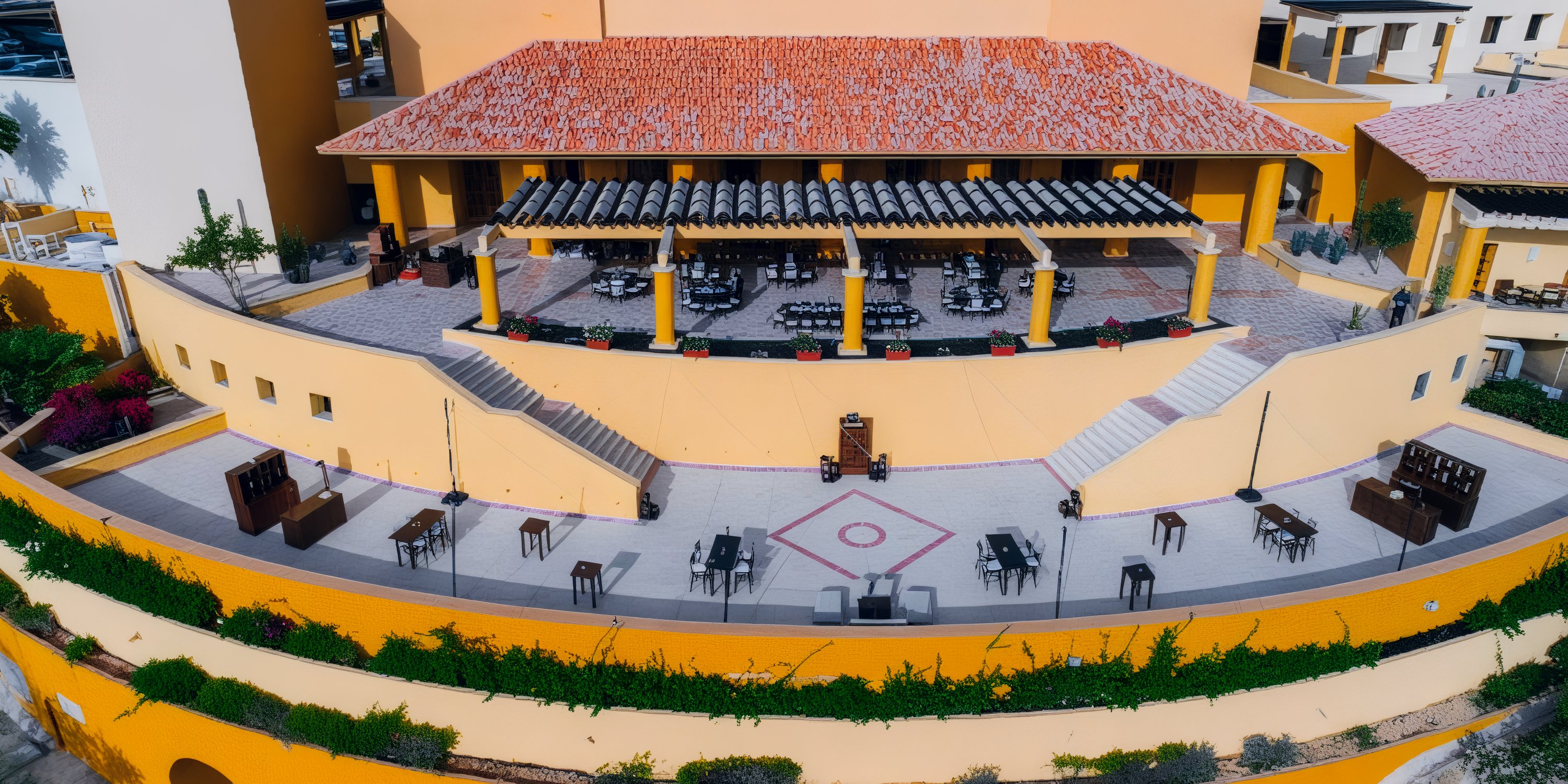 An outdoor restaurant terrace, perfect for a destination wedding, features vibrant yellow walls and a charming red roof, elegantly set with tables and chairs to welcome guests.