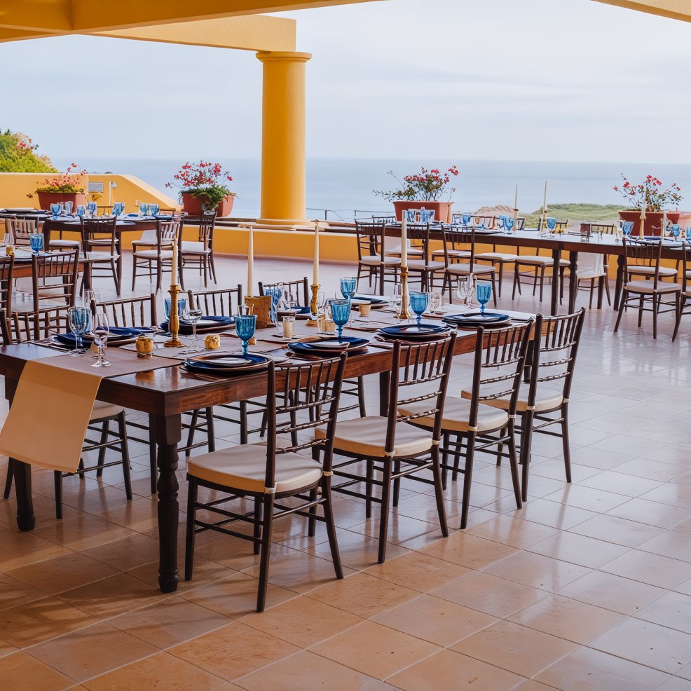 An outdoor dining area with elegantly set tables overlooks the ocean, providing a stunning backdrop perfect for a destination wedding.