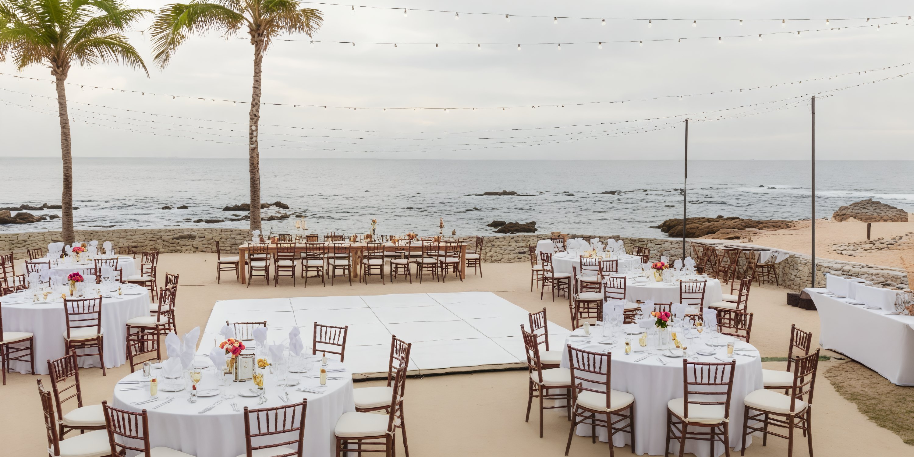 Destination wedding setup on the beachfront featuring round tables adorned with white tablecloths and a spacious dance floor.
