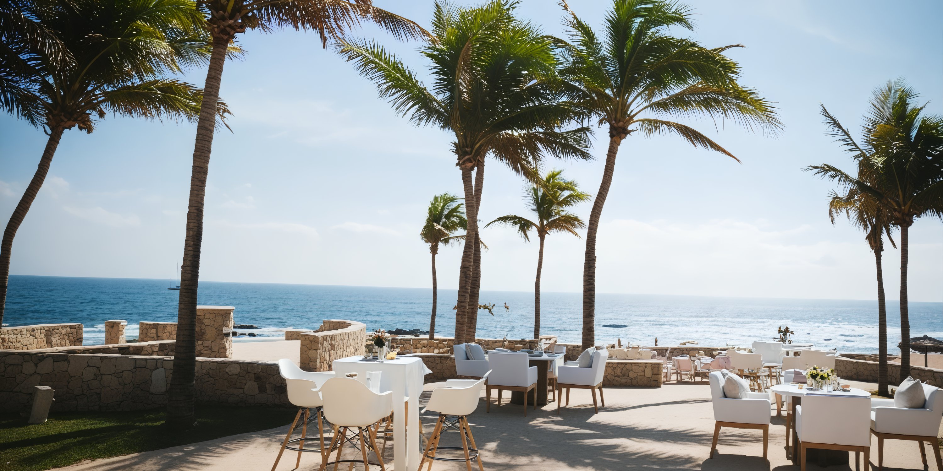 An outdoor patio by the sea, featuring chairs, tables, and palm trees under a clear sky, creates an ideal setting for a destination wedding.