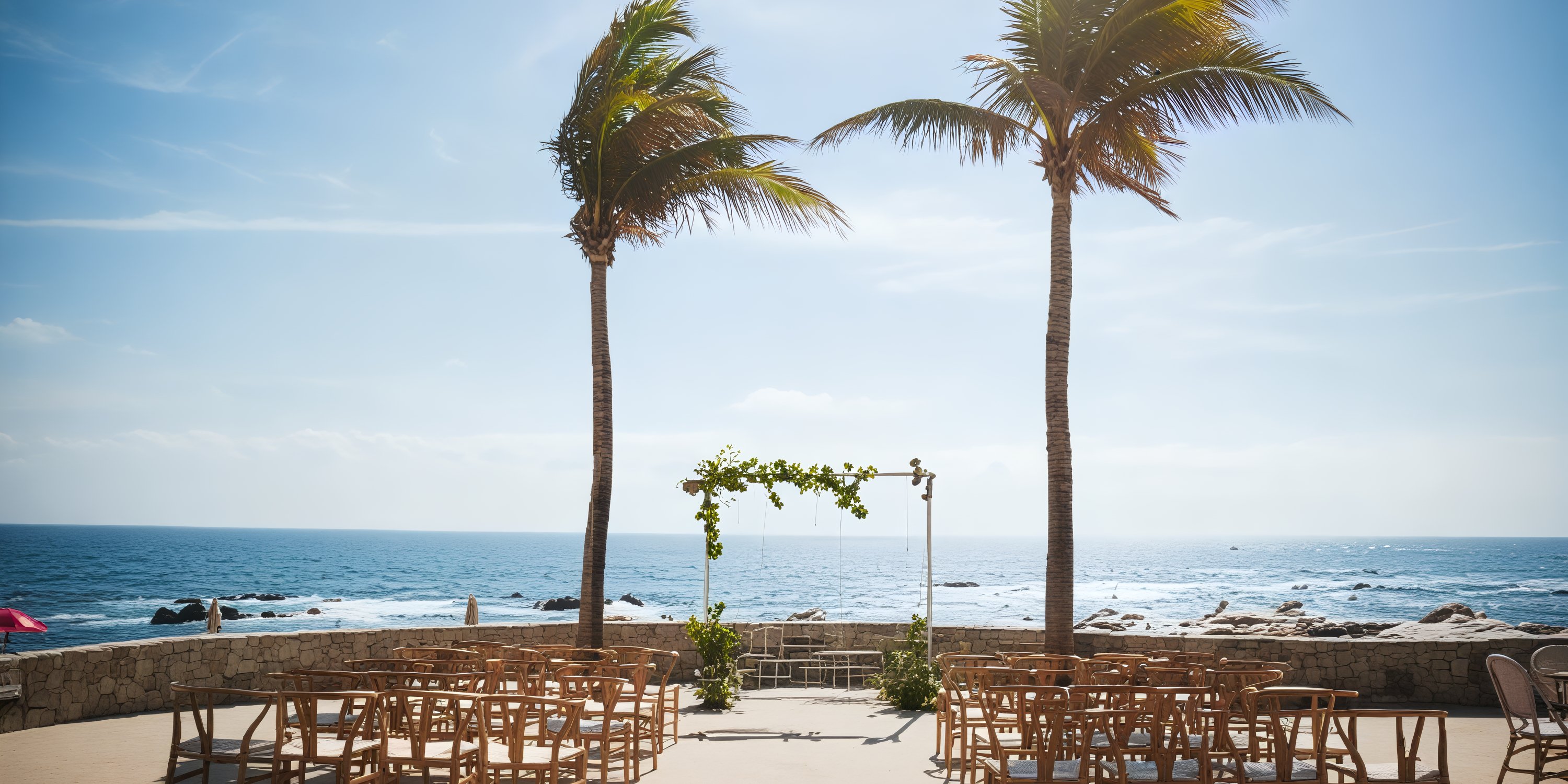 An idyllic destination wedding scene featuring a beautifully arranged outdoor setup with chairs and an arch, surrounded by palm trees and overlooking the ocean.