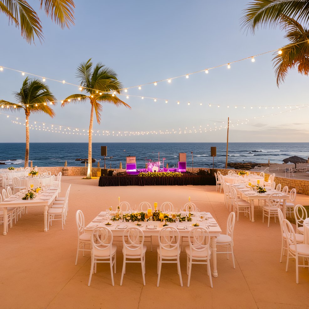 A destination wedding reception set outdoors features elegantly decorated tables, twinkling string lights, and a breathtaking ocean view at sunset.