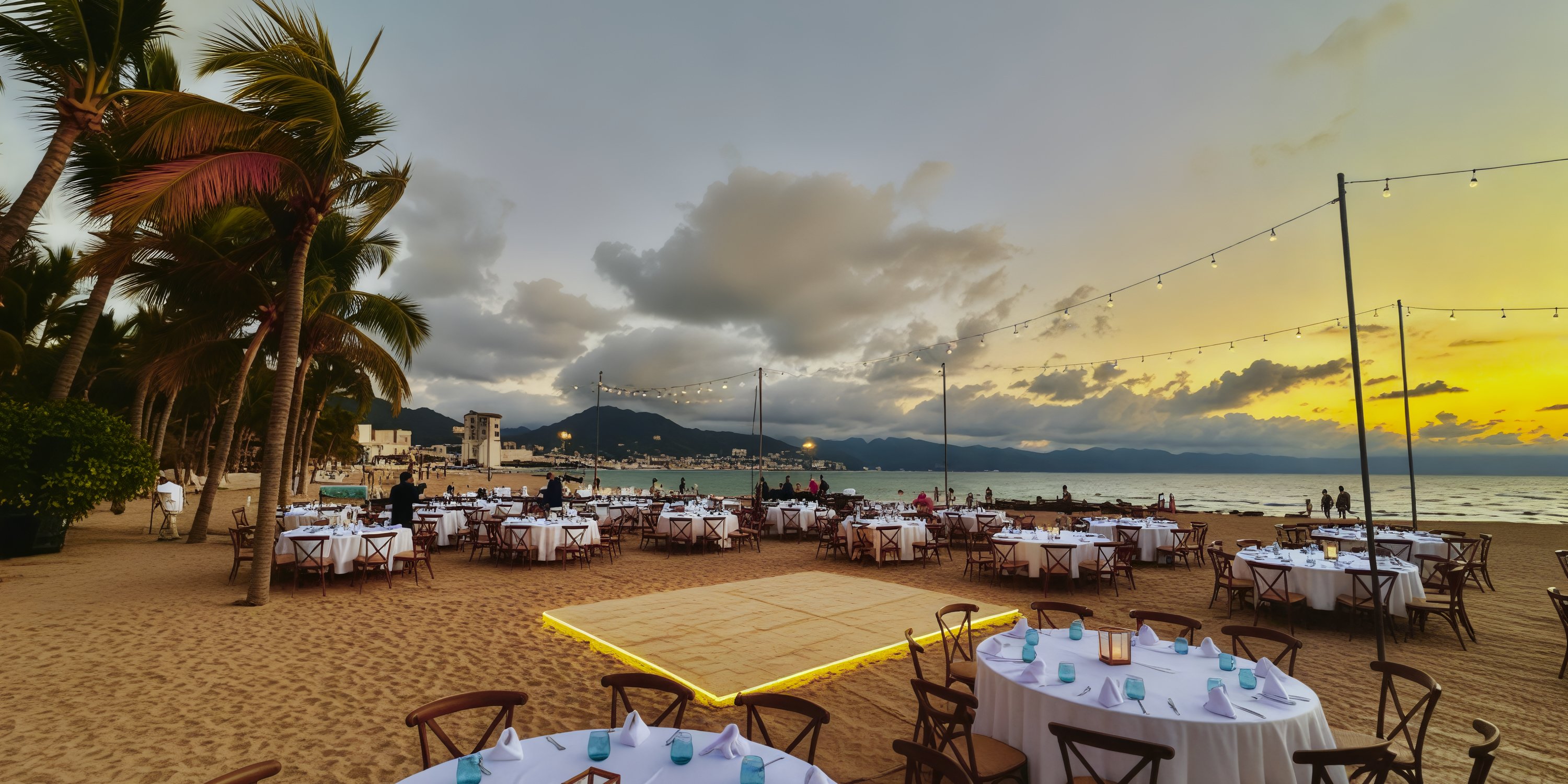 Fiesta Americana Puerto Vallarta offers an enchanting beachside dining experience, perfect for a destination wedding, featuring round tables, elegant chairs, and twinkling string lights.