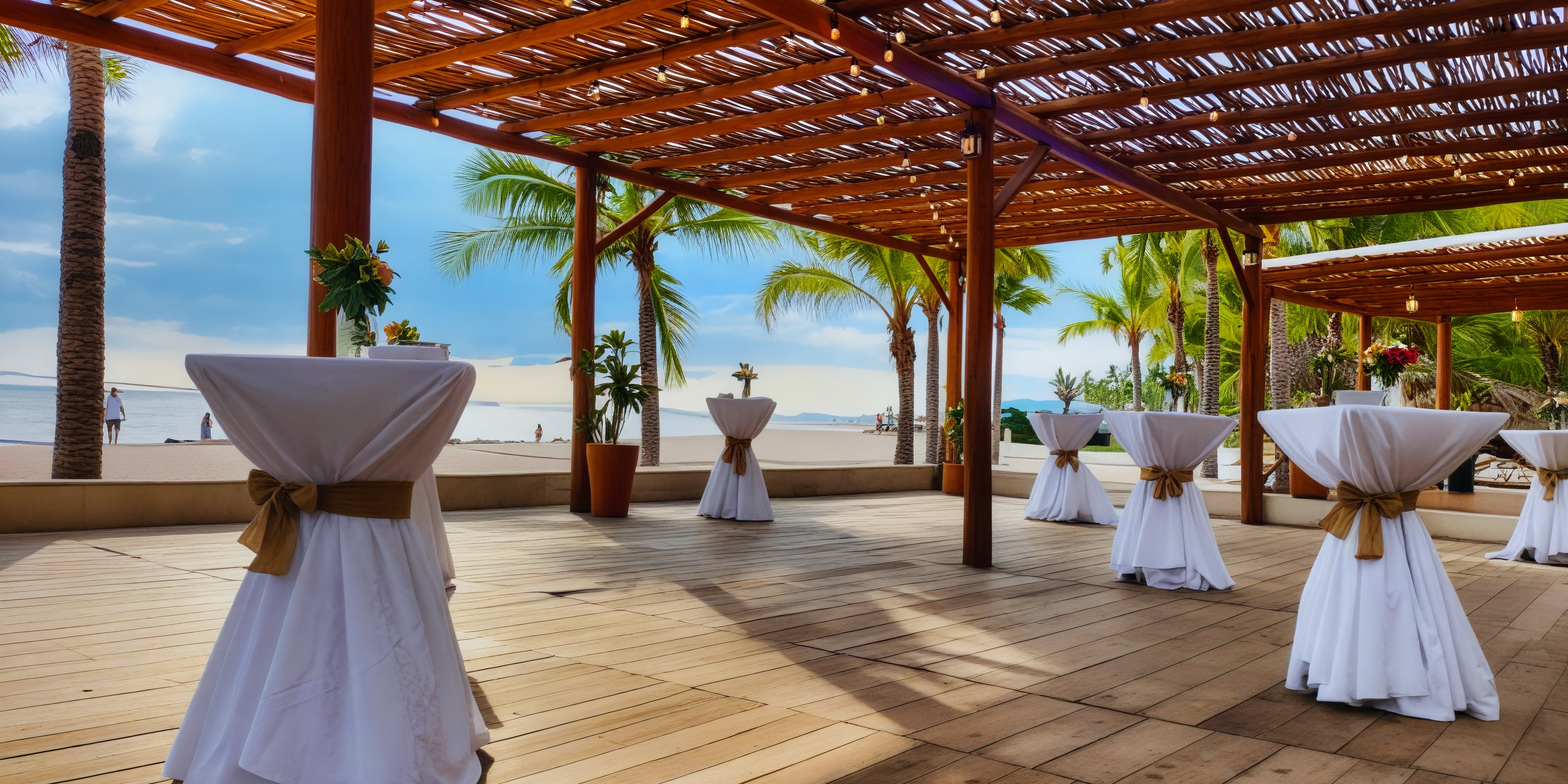 Fiesta Americana Puerto Vallarta offers a stunning event space perfect for a wedding, complete with breathtaking ocean views, a covered patio, and elegant cocktail tables to enhance your destination wedding experience.