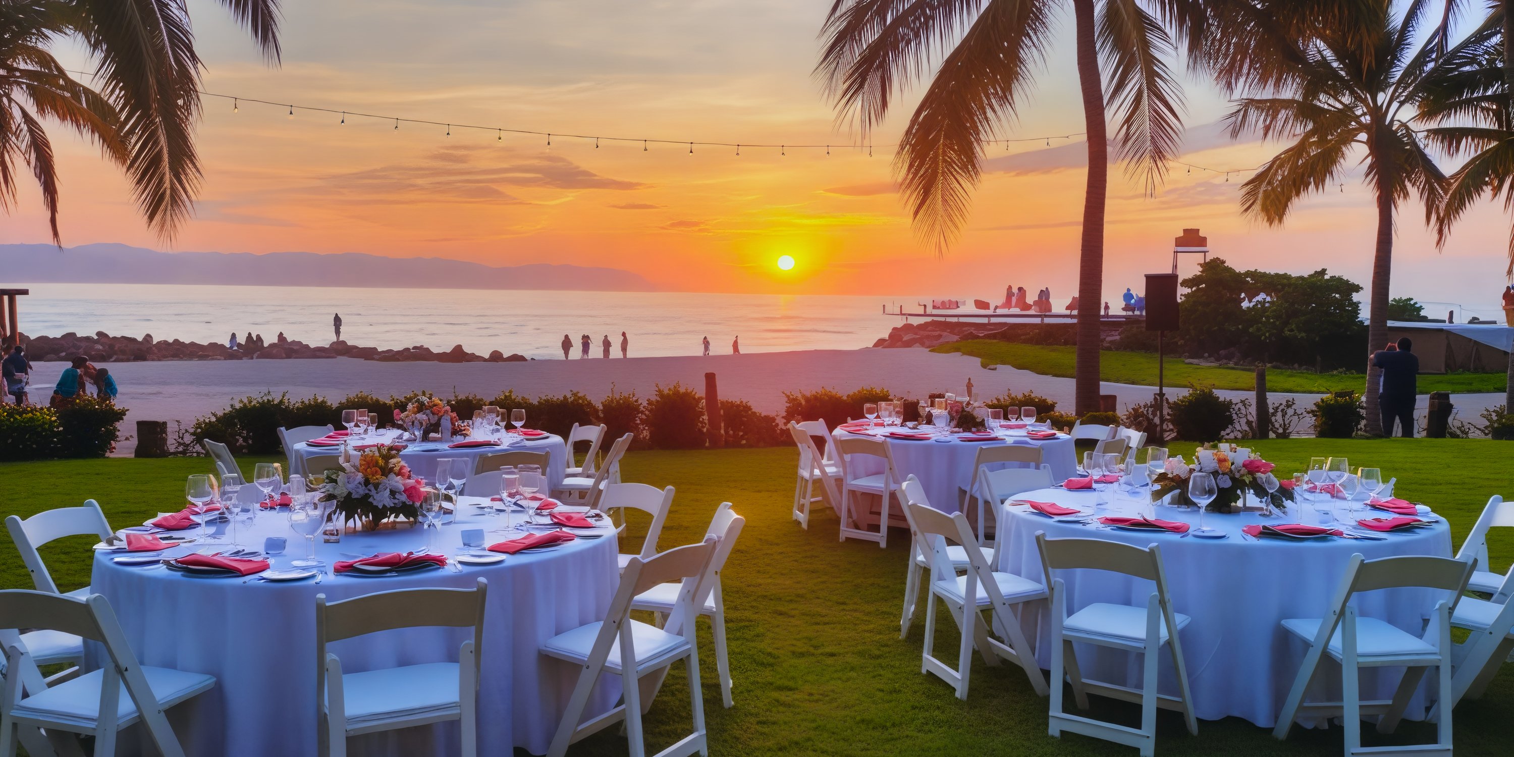 Experience an unforgettable destination wedding at Fiesta Americana PV, featuring elegantly arranged tables and chairs with a stunning sunset beach view.