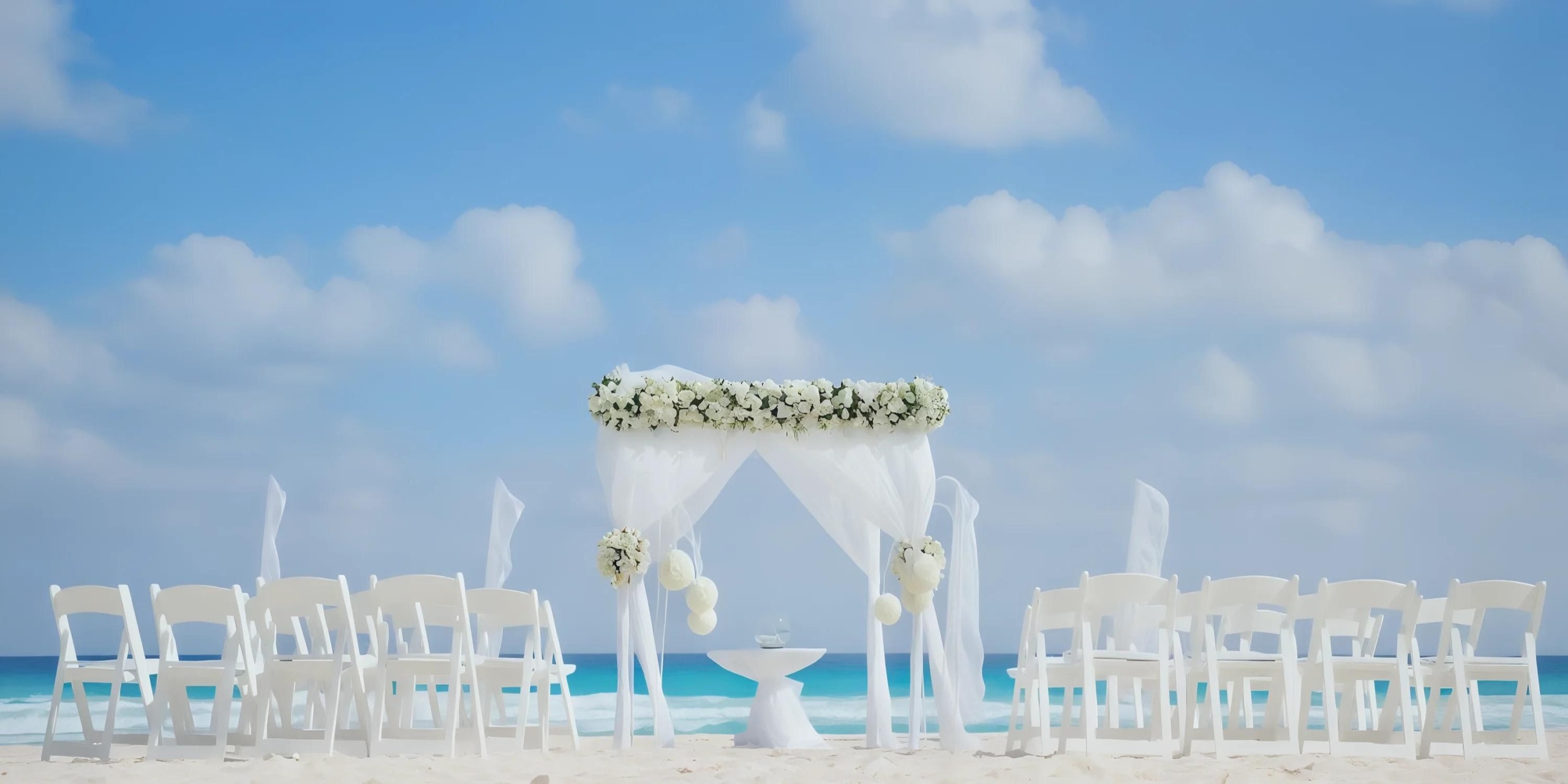 Experience an outdoor beach wedding setup at the Fiesta Americana Condesa Cancun, featuring elegant white chairs and a stunning floral arch set against a pristine blue sky.