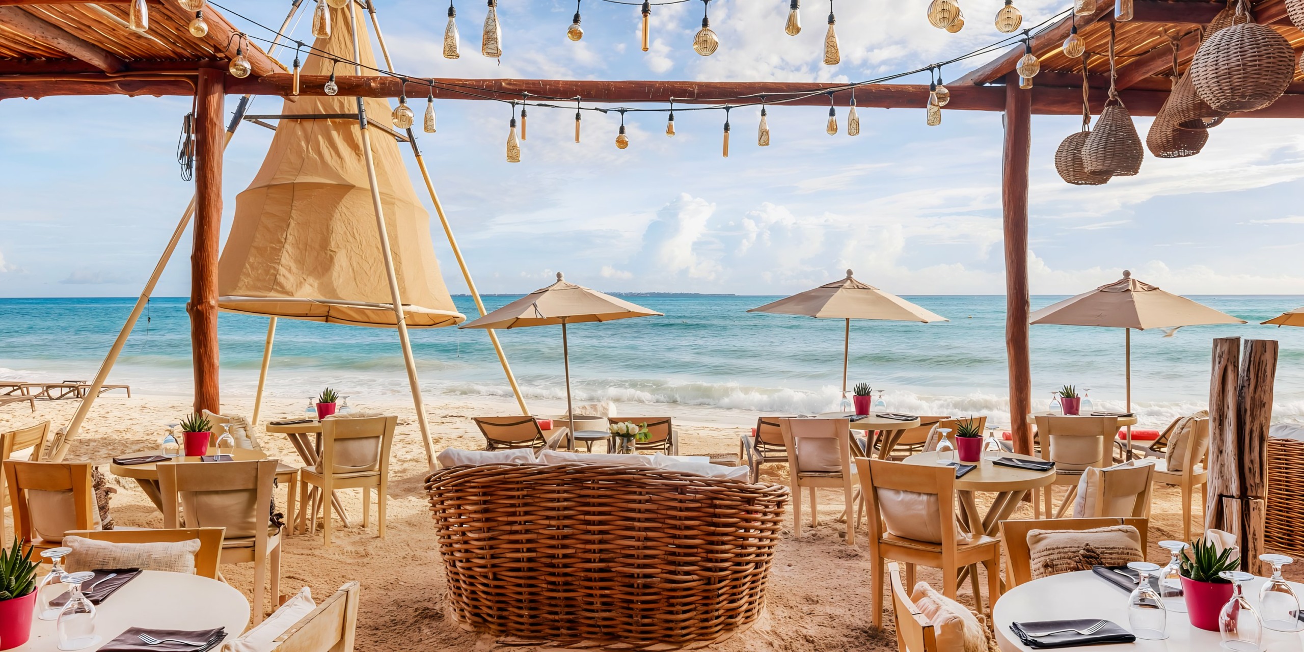 Grand Fiesta Americana Coral Beach restaurant setting with wooden tables, wicker chairs, and beige umbrellas, overlooking the ocean under a blue sky, decorated with hanging lights.