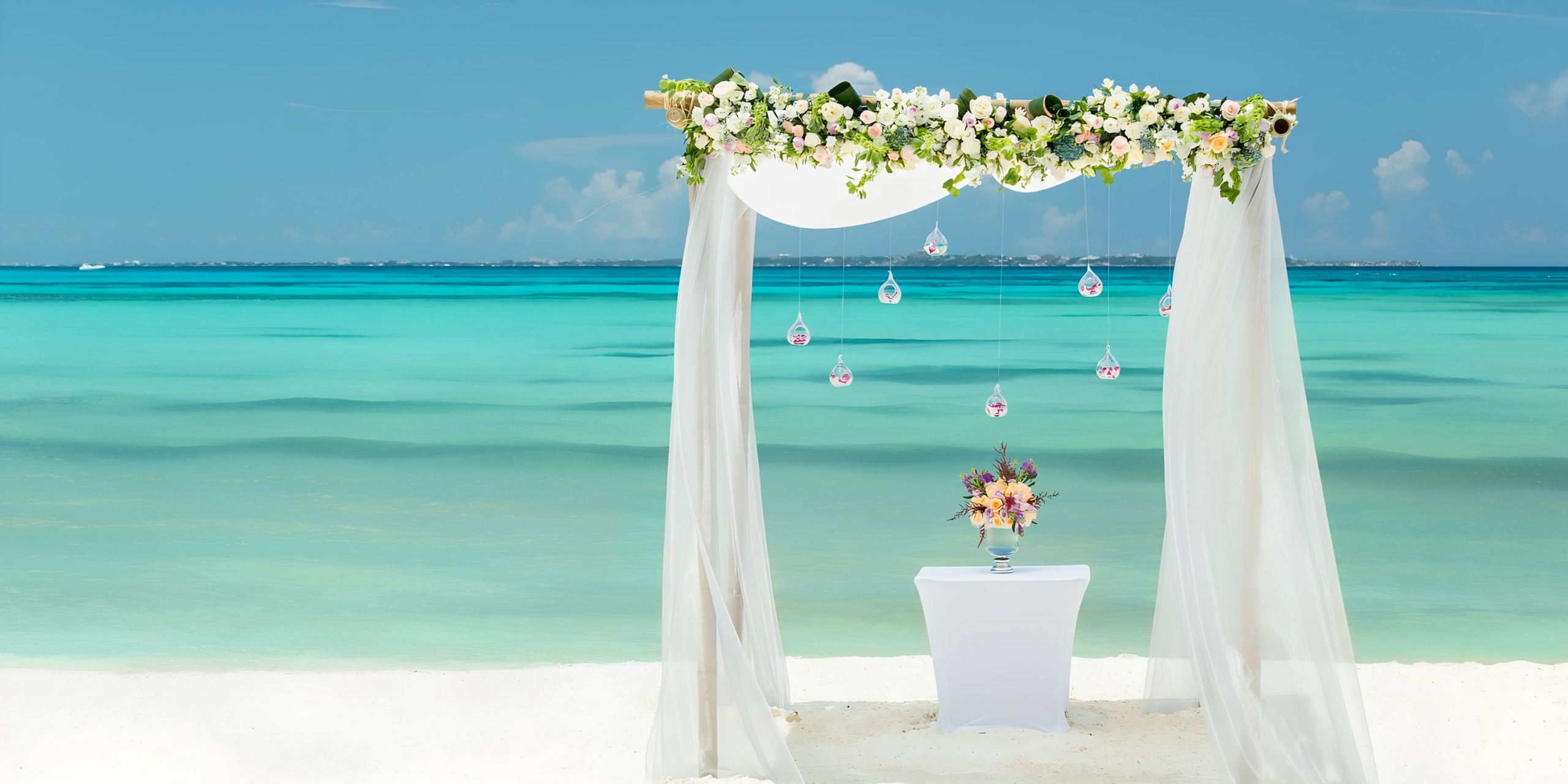 A Grand Fiesta Americana Coral Beach wedding setup with a floral arch and hanging glass ornaments, overlooking a tranquil turquoise sea.