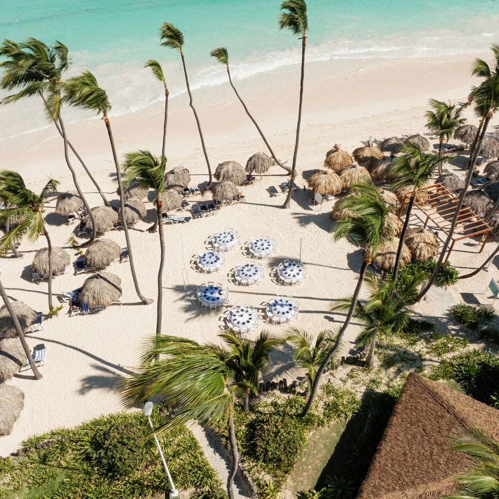 Aerial view of a sandy beach with palm trees, umbrellas, and lounge chairs set for a destination wedding.