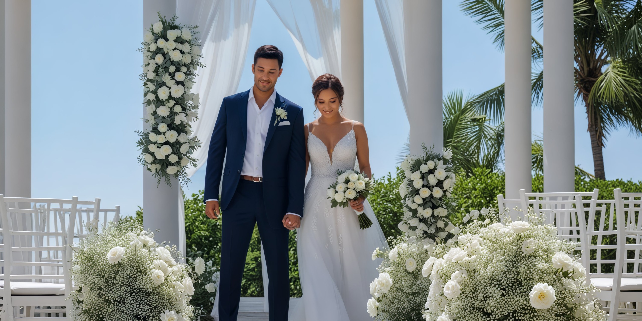 The bride and groom hold hands at the scenic outdoor altar of Grand Palladium Kantenah, setting a picturesque scene for their destination wedding.