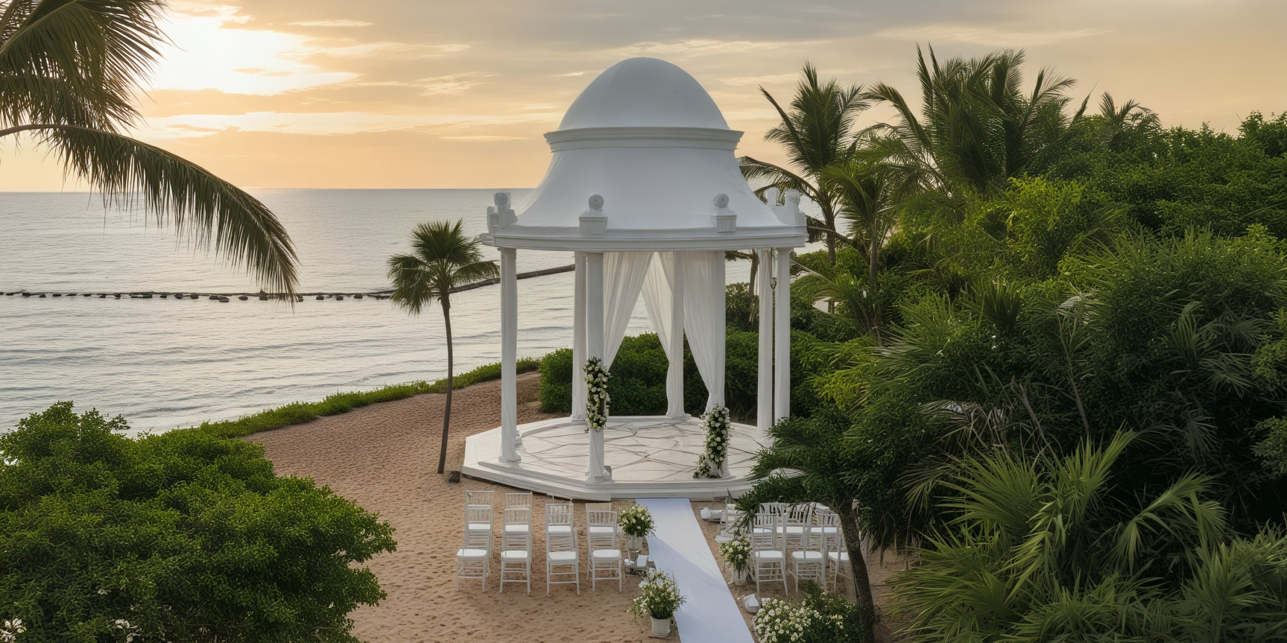 Grand Palladium Kantenah: A picture-perfect destination wedding setting featuring a white gazebo, beach chairs, breathtaking ocean views, and stunning tropical sunsets.