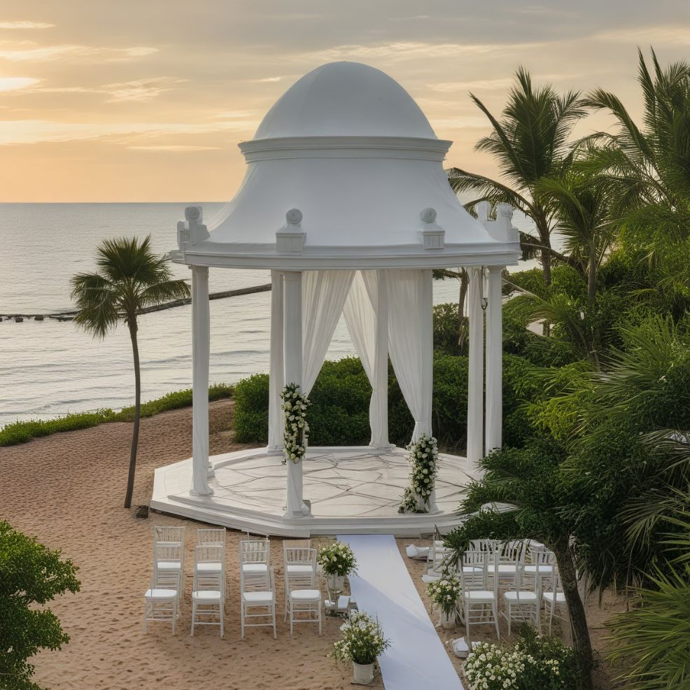 A white gazebo set up for a destination wedding on the beach, surrounded by the ocean and palm trees in the background.