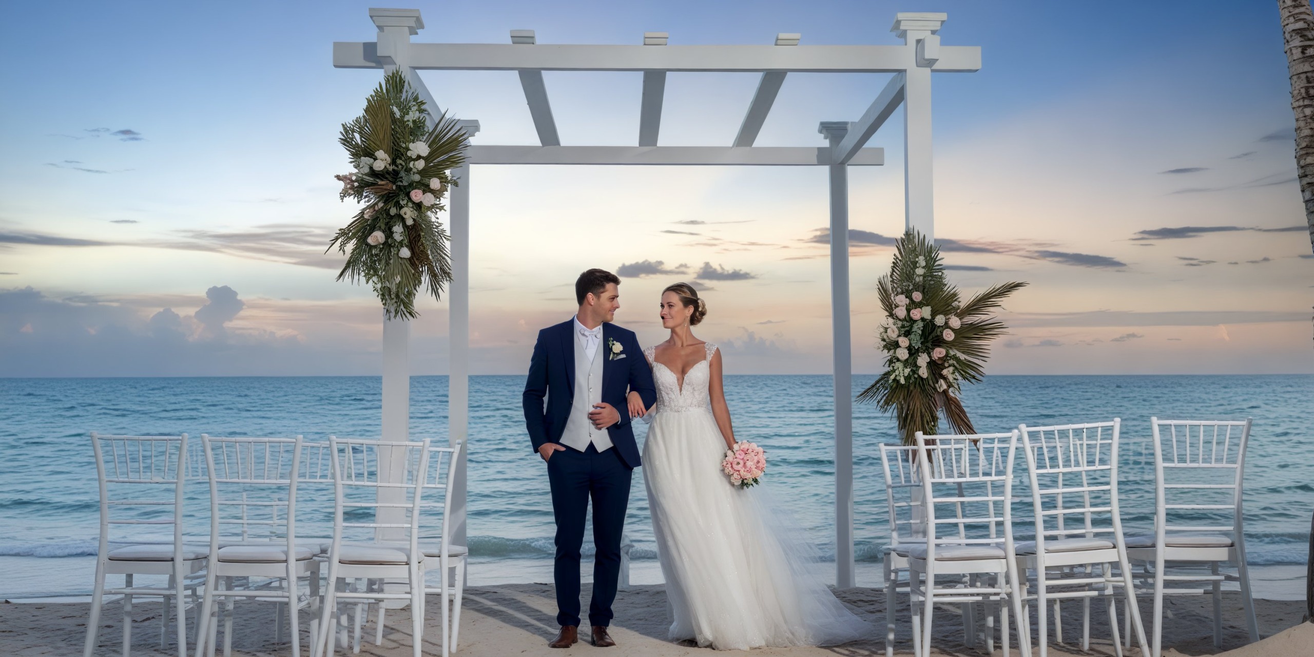 The bride and groom stand beneath a beachside pergola during their destination wedding at sunset.