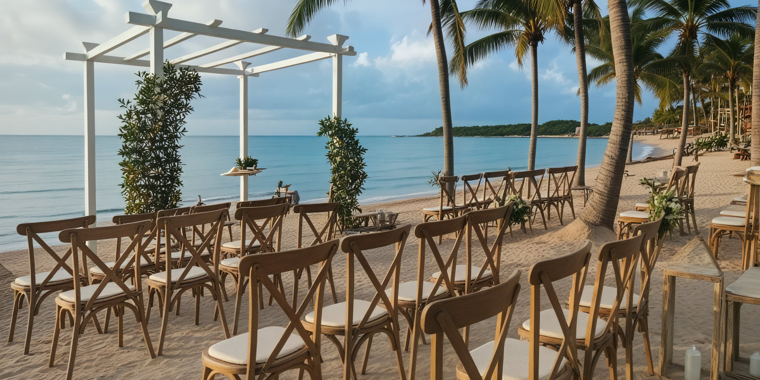 A beautiful destination wedding arrangement with chairs and a charming arch, all oriented towards the ocean and nestled beneath swaying palm trees.