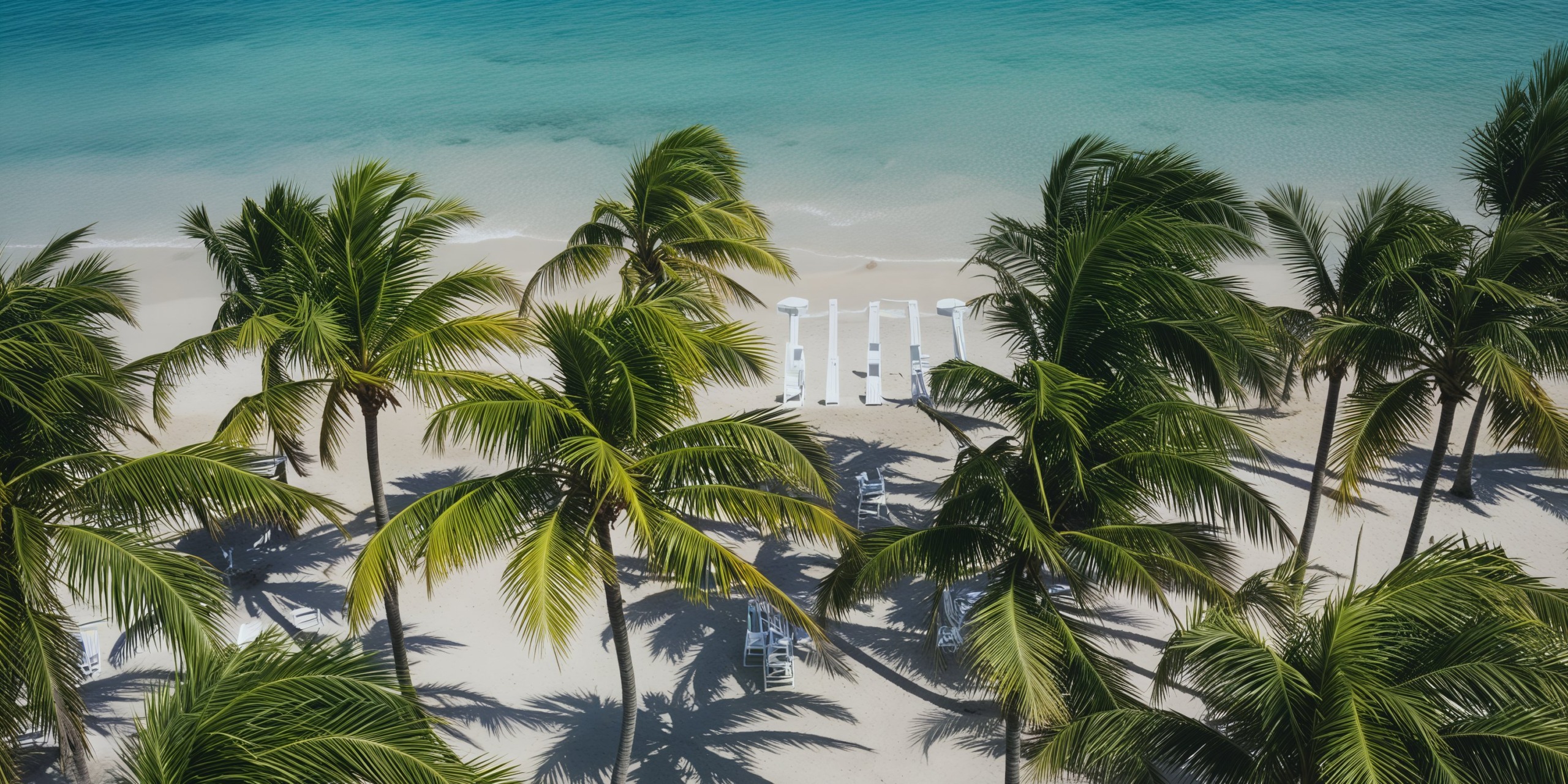An aerial view of a stunning tropical beach, ideal for a destination wedding, showcases palm trees and white lounge chairs lining the shore by the turquoise sea.