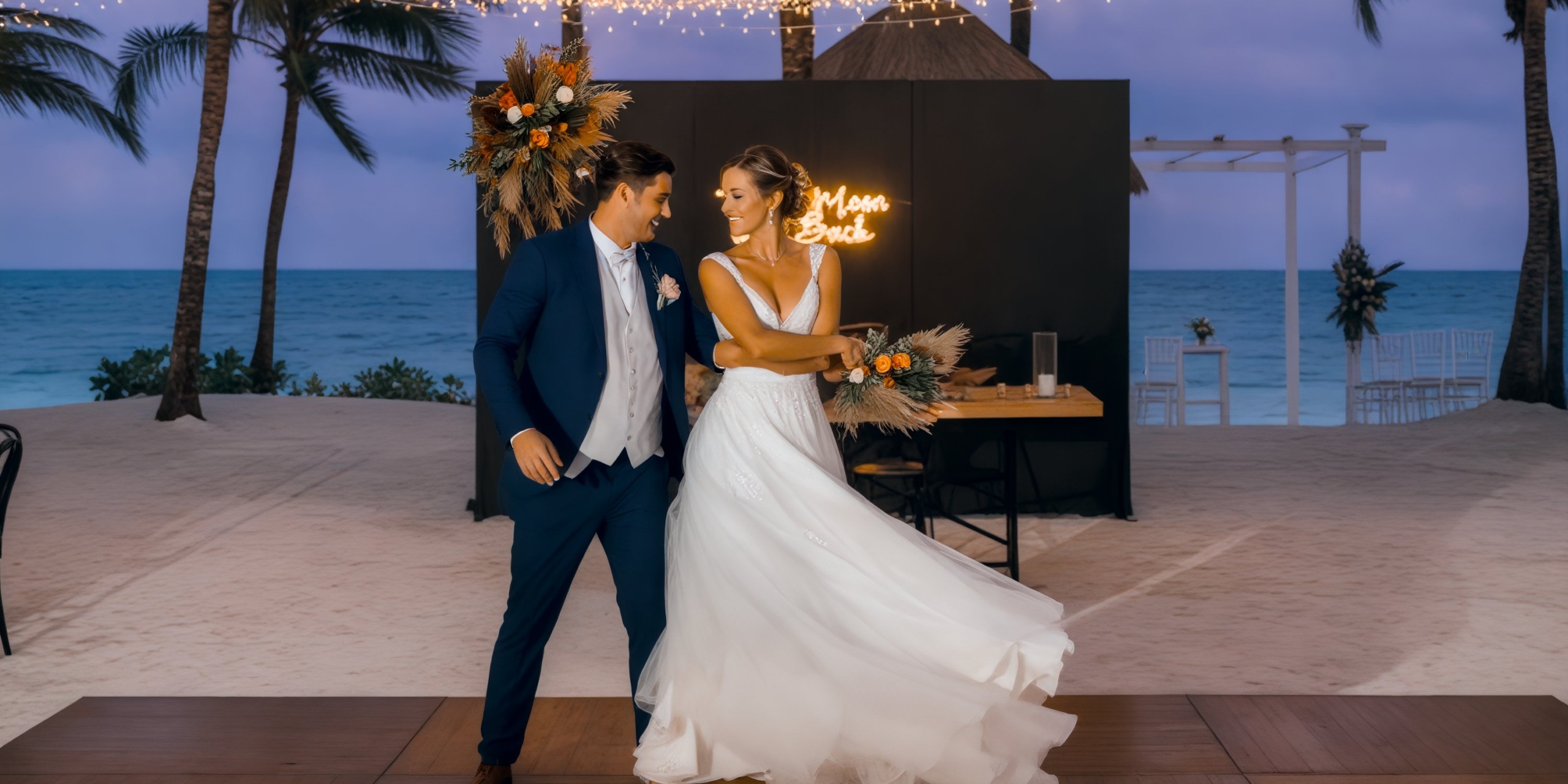 At a destination wedding reception on the sandy shores of Grand Palladium Kantenah, a couple dances gracefully under the twinkling string lights.